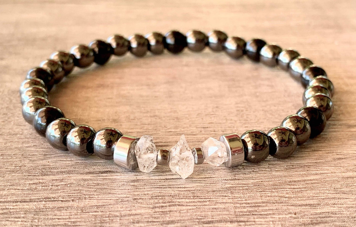 Bodhi Handmade Herkimer Diamond, Black Tourmaline, Silver Plated and Magnetized Hematite Expandable Bracelet - Born Mystics