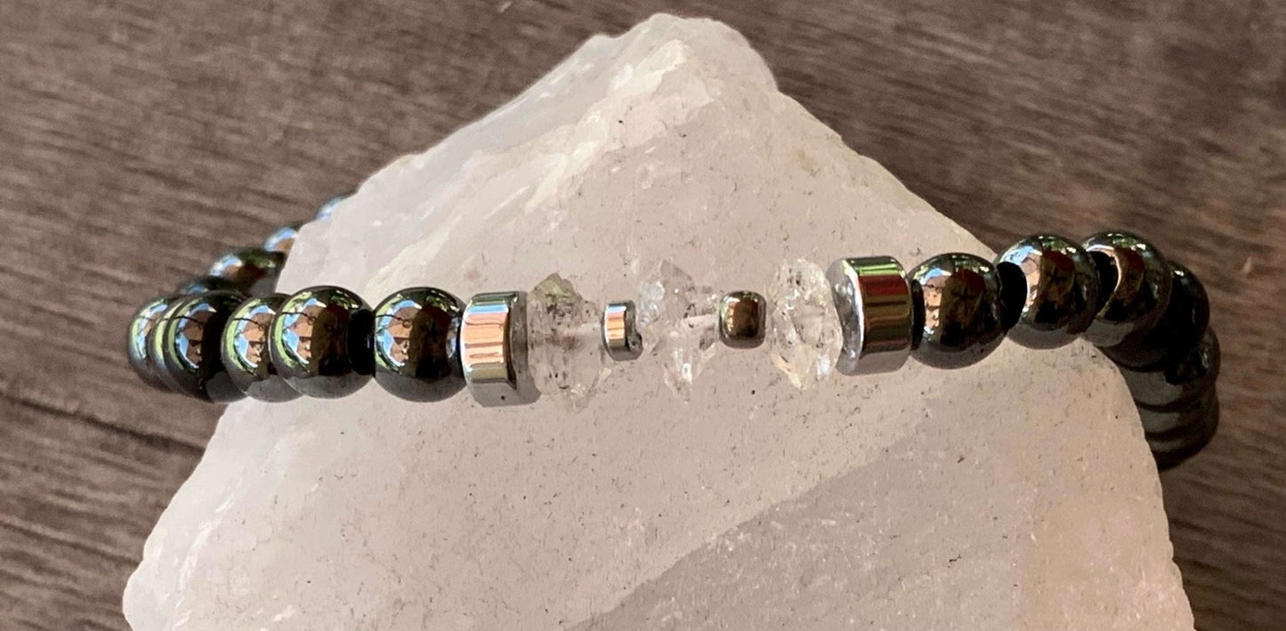 Bodhi Handmade Herkimer Diamond, Black Tourmaline, Silver Plated and Magnetized Hematite Expandable Bracelet - Born Mystics