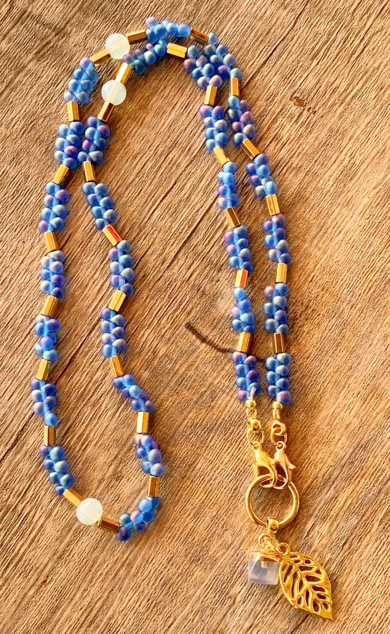 Brenda Handmade Opal, Gold Hematite, & Mermaid Glass Fringe Bead 22" Necklace With An Opal & Leaf Pendant - Born Mystics