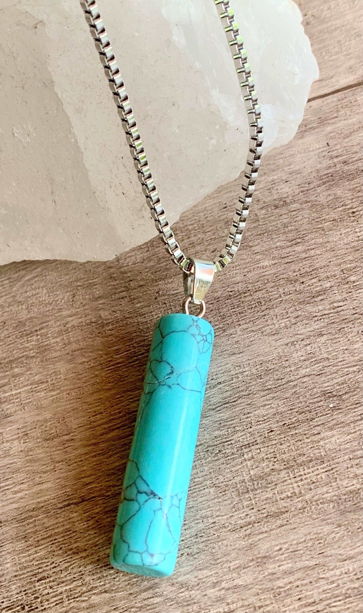Cassidy Handmade Turquoise Cylinder Pendant on a Stainless Steel Box Chain Necklace - Born Mystics