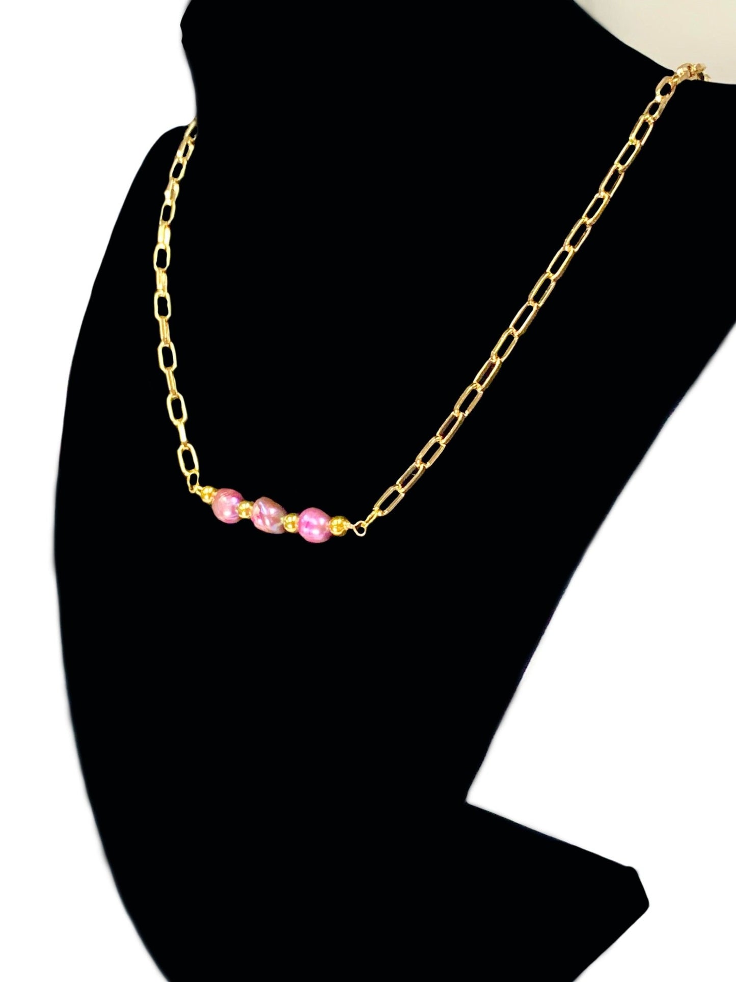 Cattlaya Handmade Orchid (Dyed) Cultured Pearl and Gold Plated Paperclip Chain 18Necklace - Born Mystics