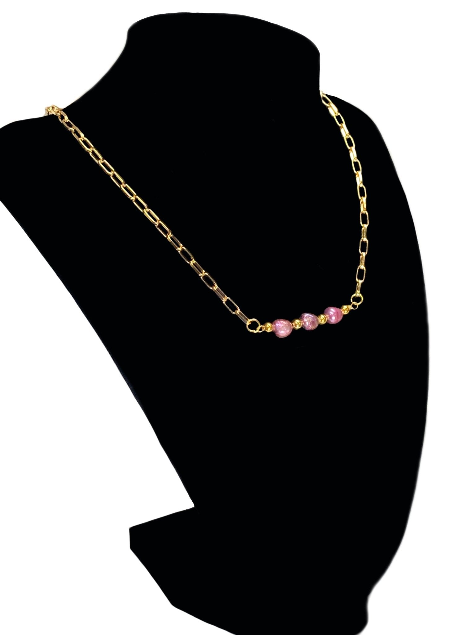 Cattlaya Handmade Orchid (Dyed) Cultured Pearl and Gold Plated Paperclip Chain 18Necklace - Born Mystics