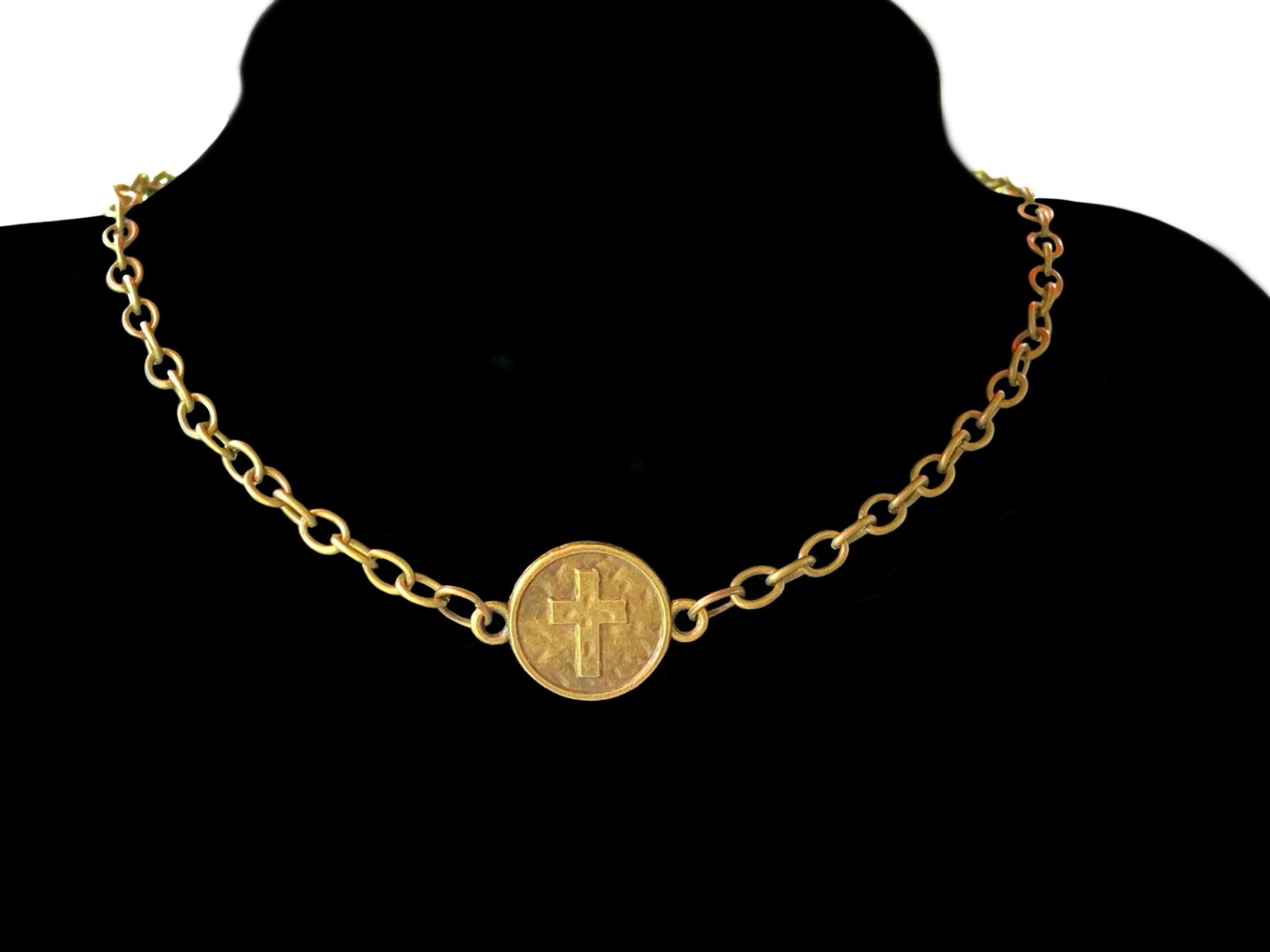 Cross on a Coin Pendant on a 17" Antique Brass/ Gold Color Necklace/Choker - Born Mystics