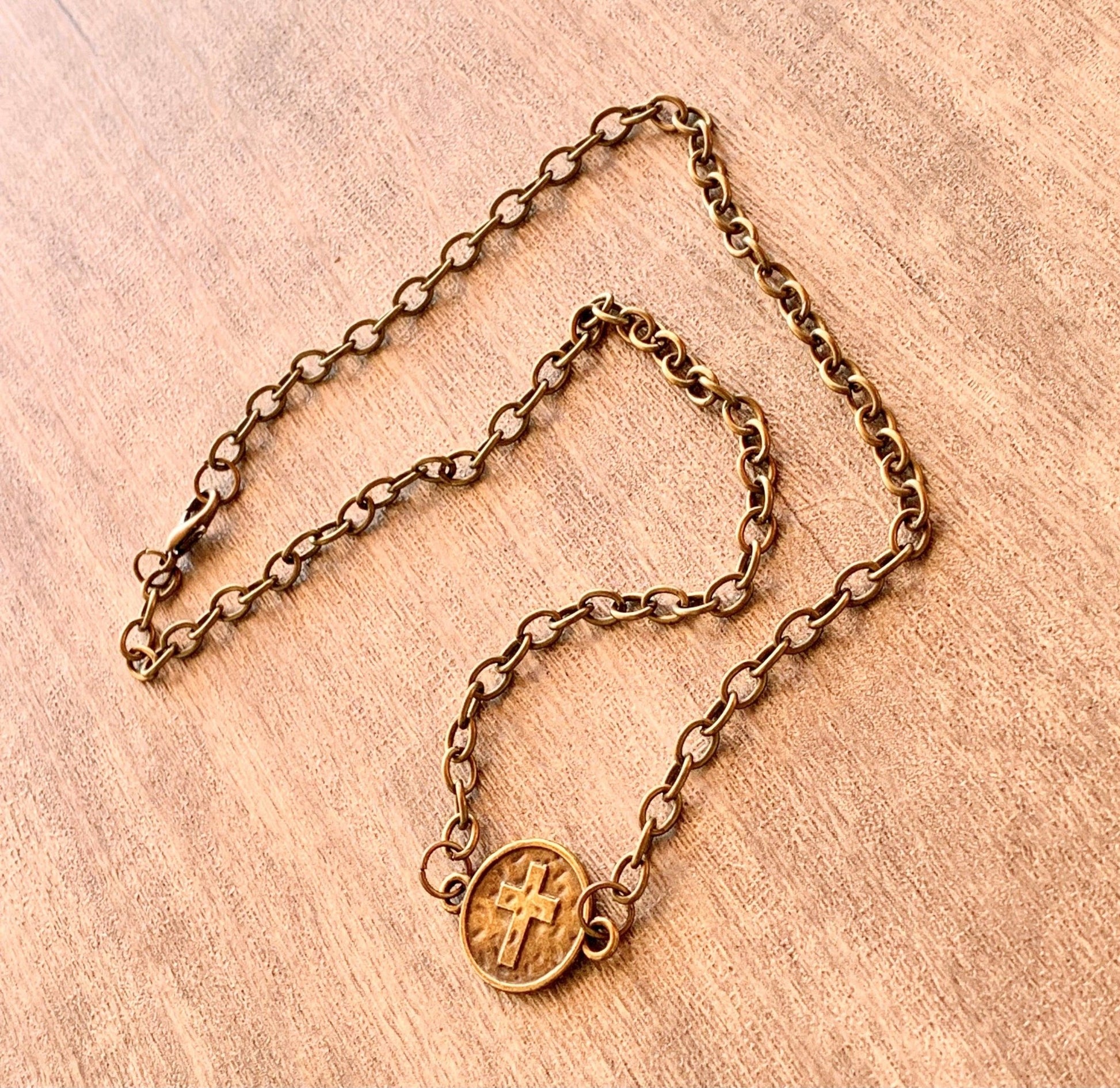 Cross on a Coin Pendant on a 17" Antique Brass/ Gold Color Necklace/Choker - Born Mystics