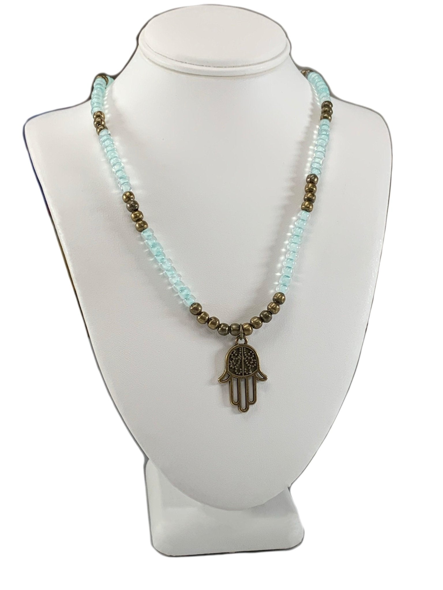 Dealla Handmade Beaded Necklace with Antique Bronze Hamsa - Born Mystics