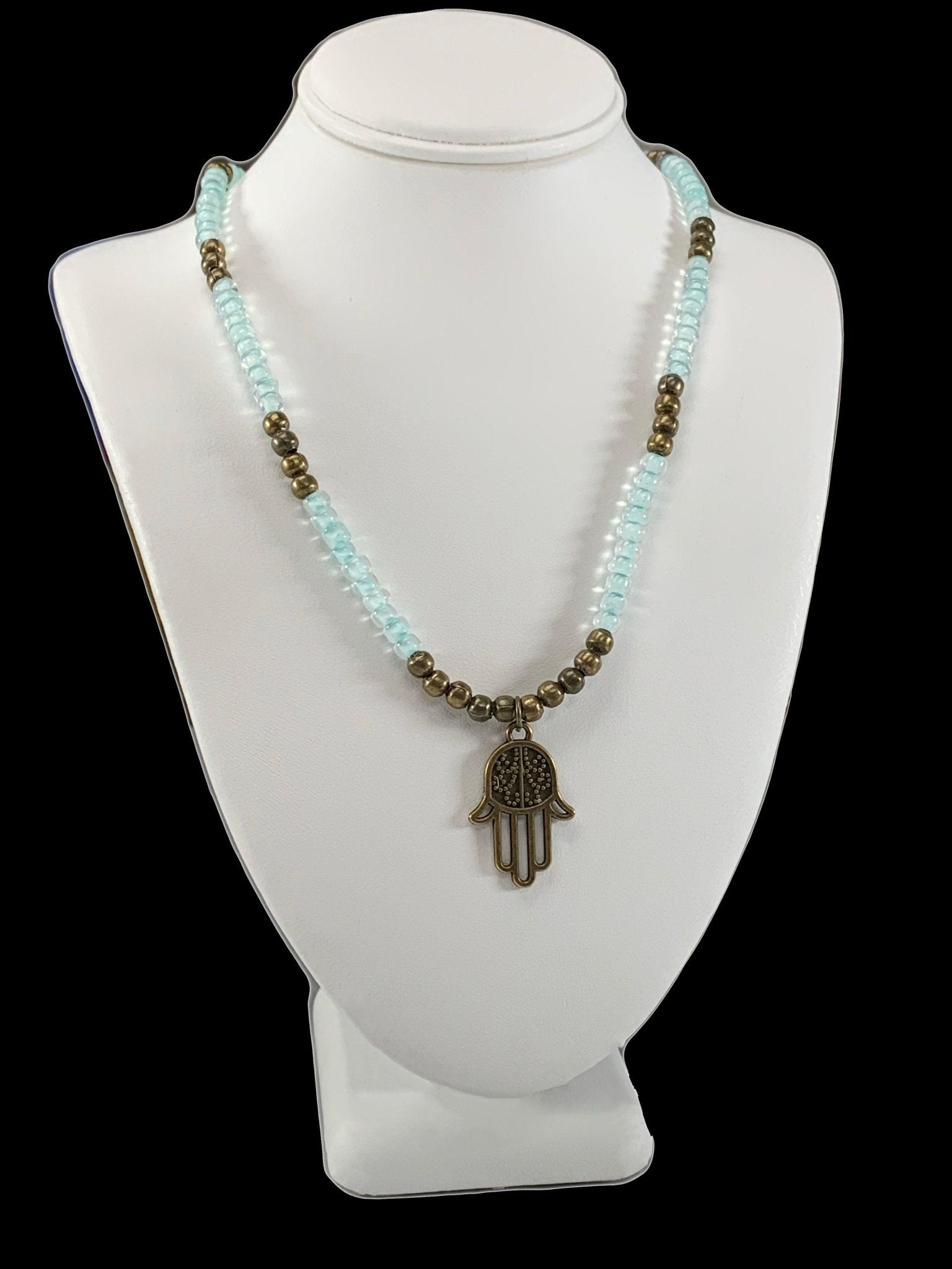 Dealla Handmade Beaded Necklace with Antique Bronze Hamsa - Born Mystics