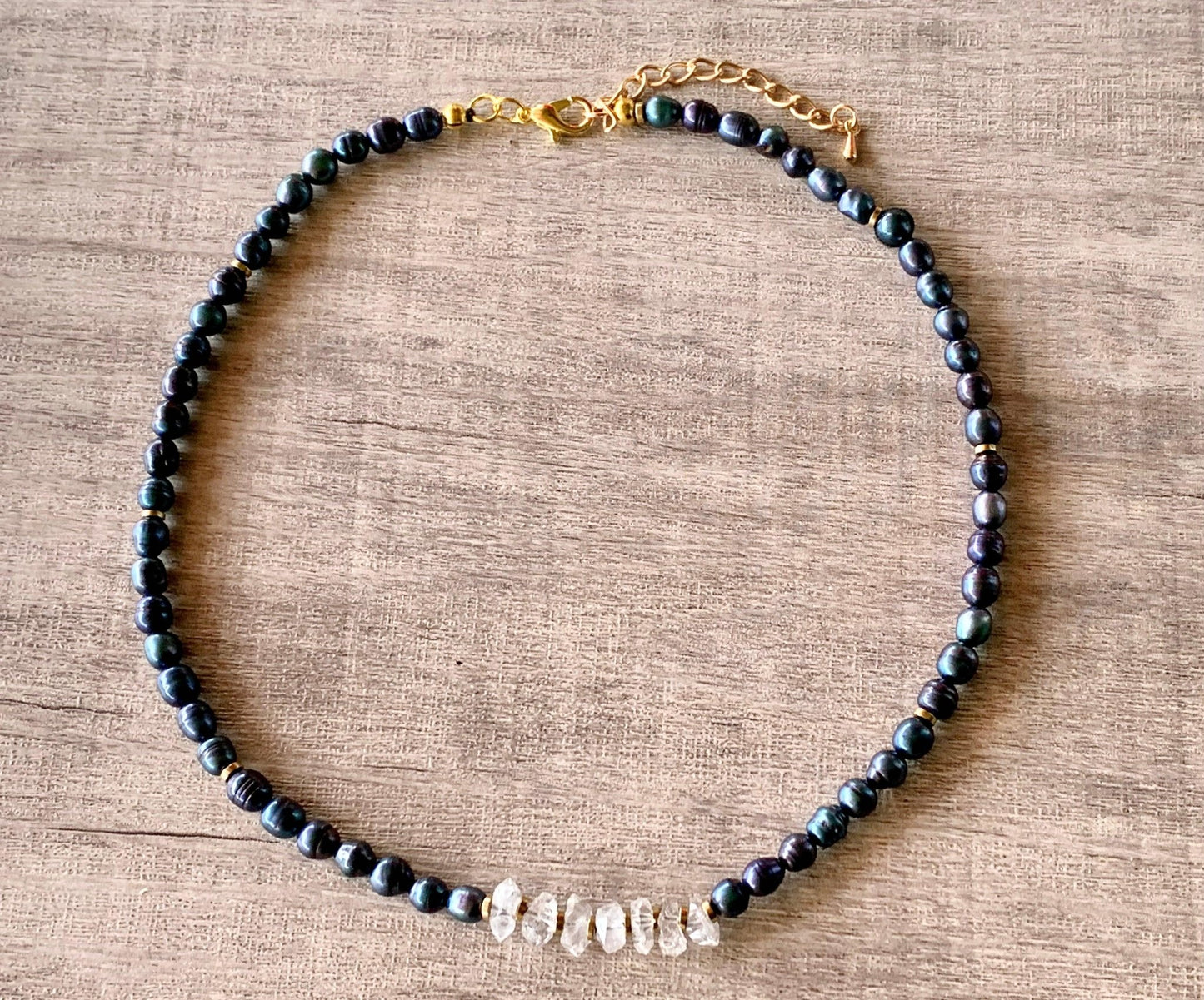 Durriya Handmade Baroque Pearl, Herkimer Diamond, and Gold Plated Hematite 15" Choker/ Necklace - Born Mystics
