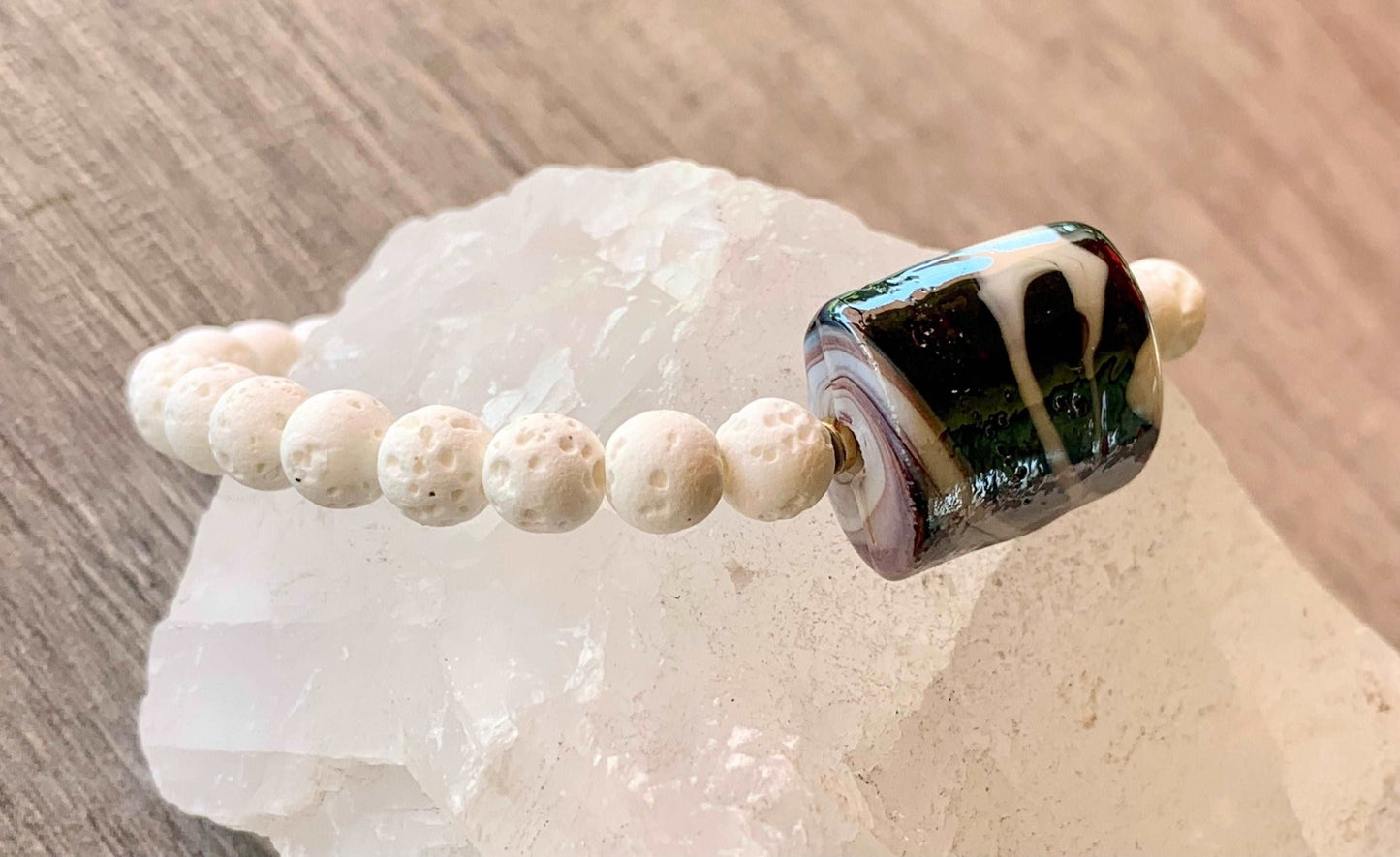 Ella Handmade White Lava Stone, Gold Hematite, Black Quartz, and Glass Zebra Abstract Bead Expandable Bracelet - Born Mystics