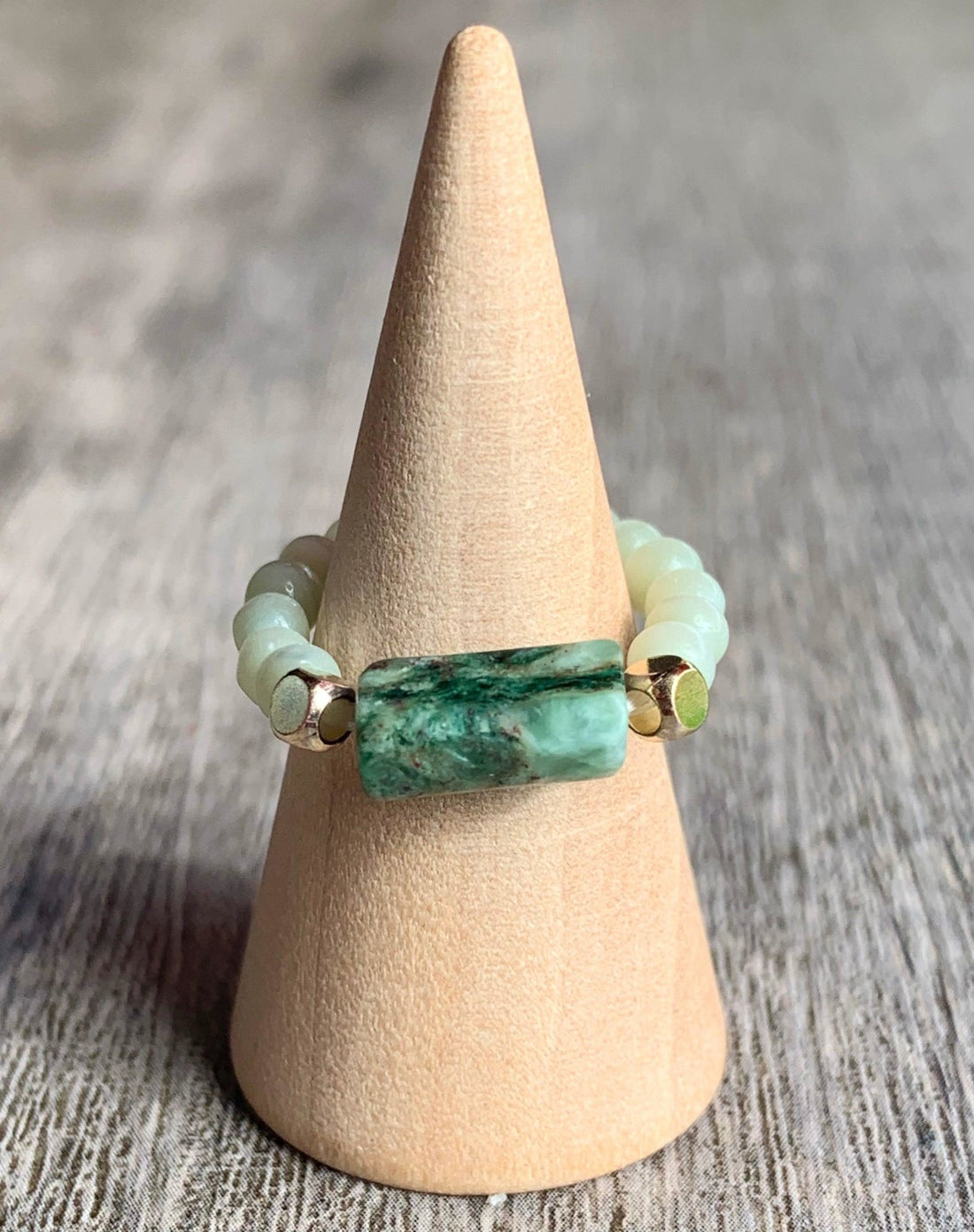 Emmy Handmade Emerald and Cats Eye Expandable Beaded Ring - Born Mystics