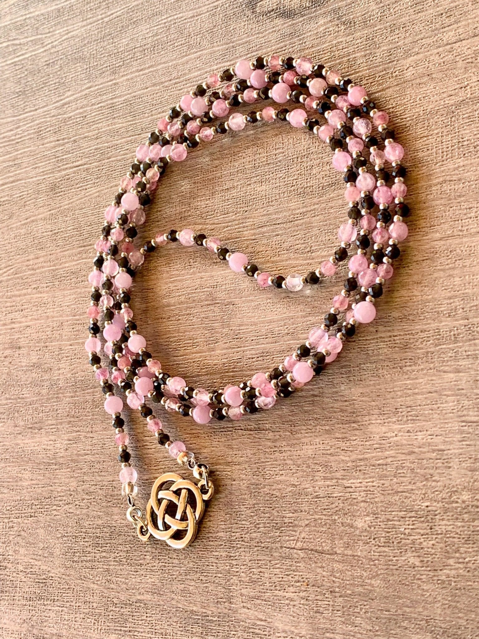 Giselle Handmade Pink Angelite, Pink Tourmaline, and Obsidian 42" Beaded Necklace - Born Mystics