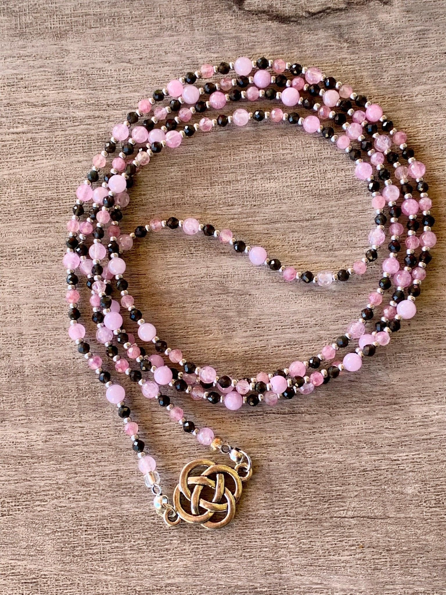 Giselle Handmade Pink Angelite, Pink Tourmaline, and Obsidian 42" Beaded Necklace - Born Mystics