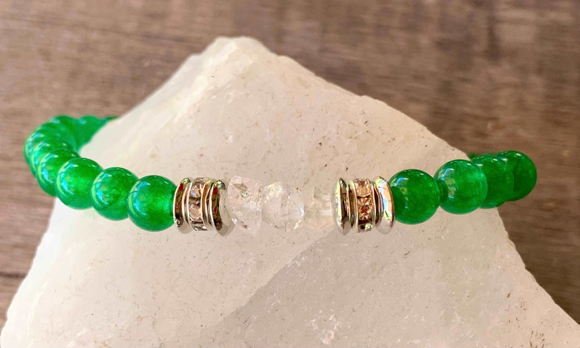 Gli Amici Handmade Herkimer Diamond, Emerald Green Jade (Heat Treated), & Silver or Gold Hematite  Bracelet. Born Mystics