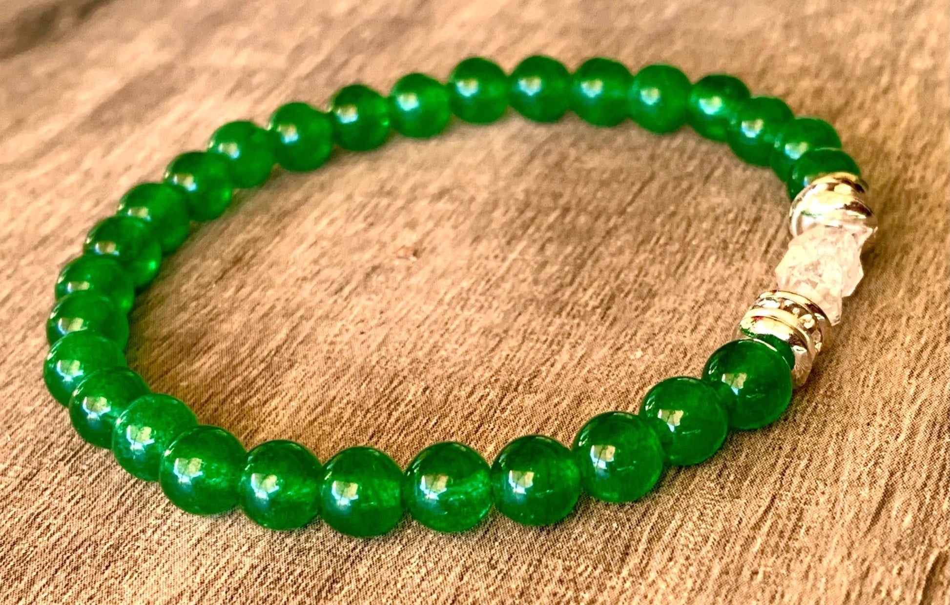 Gli Amici Handmade Herkimer Diamond, Emerald Green Jade (Heat Treated), & Silver or Gold Hematite  Bracelet. Born Mystics