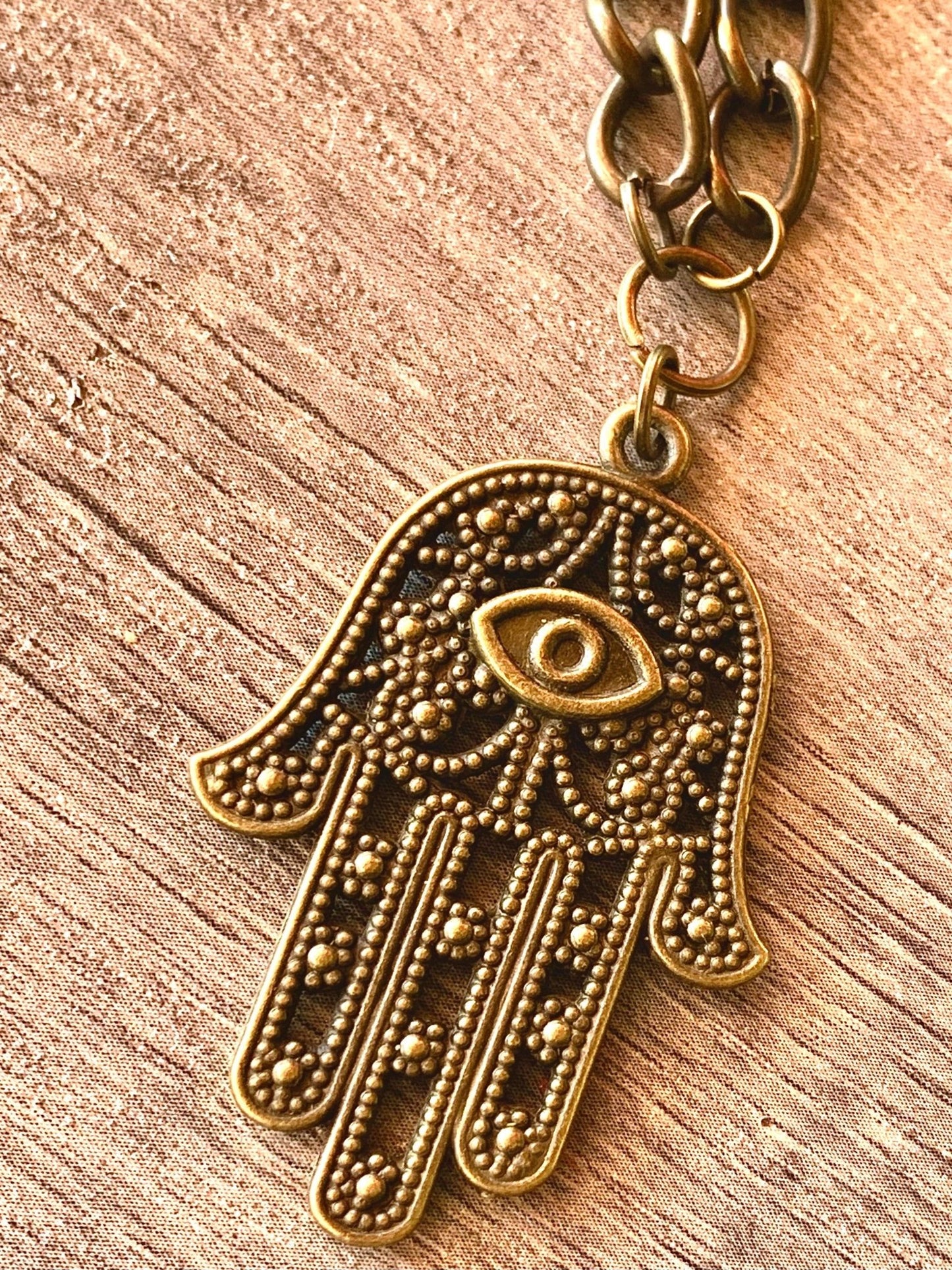 Hamsa Pendant on a 29" Antique Brass/ Gold Color Necklace - Born Mystics