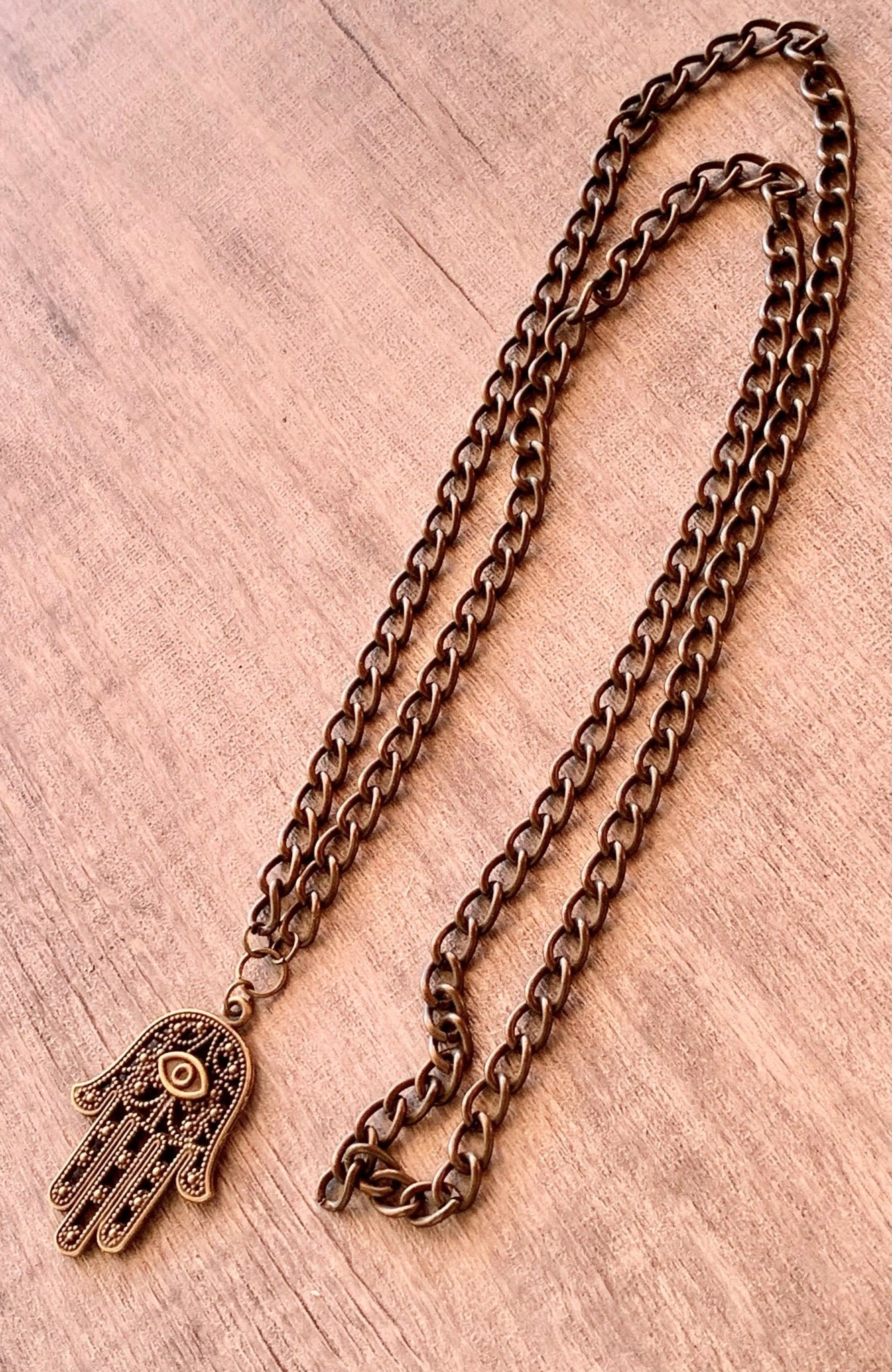 Hamsa Pendant on a 29" Antique Brass/ Gold Color Necklace - Born Mystics