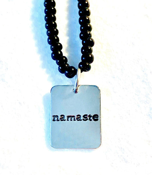 Handmade Long 30" Black Glass Beaded Necklace (Namaste Charm Pendant) - Born Mystics