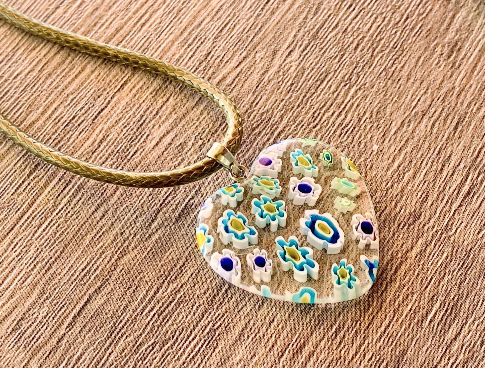 Handmade Millefiori Glass Heart Pendant on 18" Faux Leather Necklace - Born Mystics
