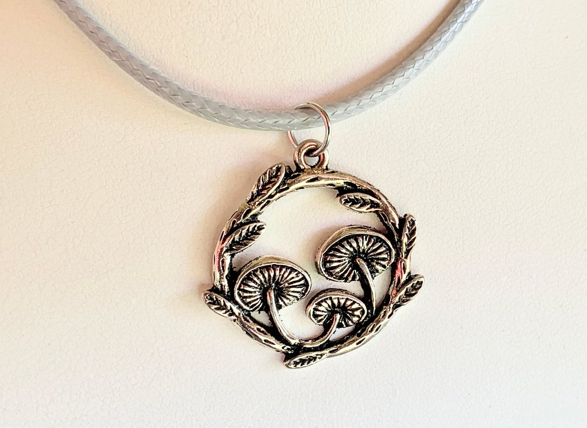 Handmade Silver Mushroom Pendant on Faux Leather Cord Necklaces - Born Mystics