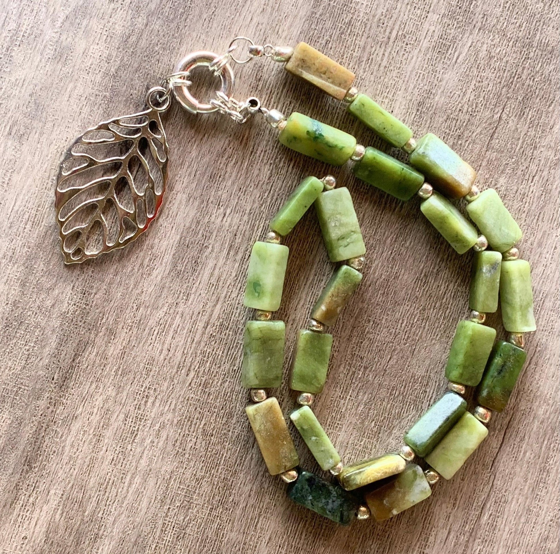 Harmony Hand Made New Jade (Serpentine) Necklace with Silver Plated Leaf Pendant - Born Mystics