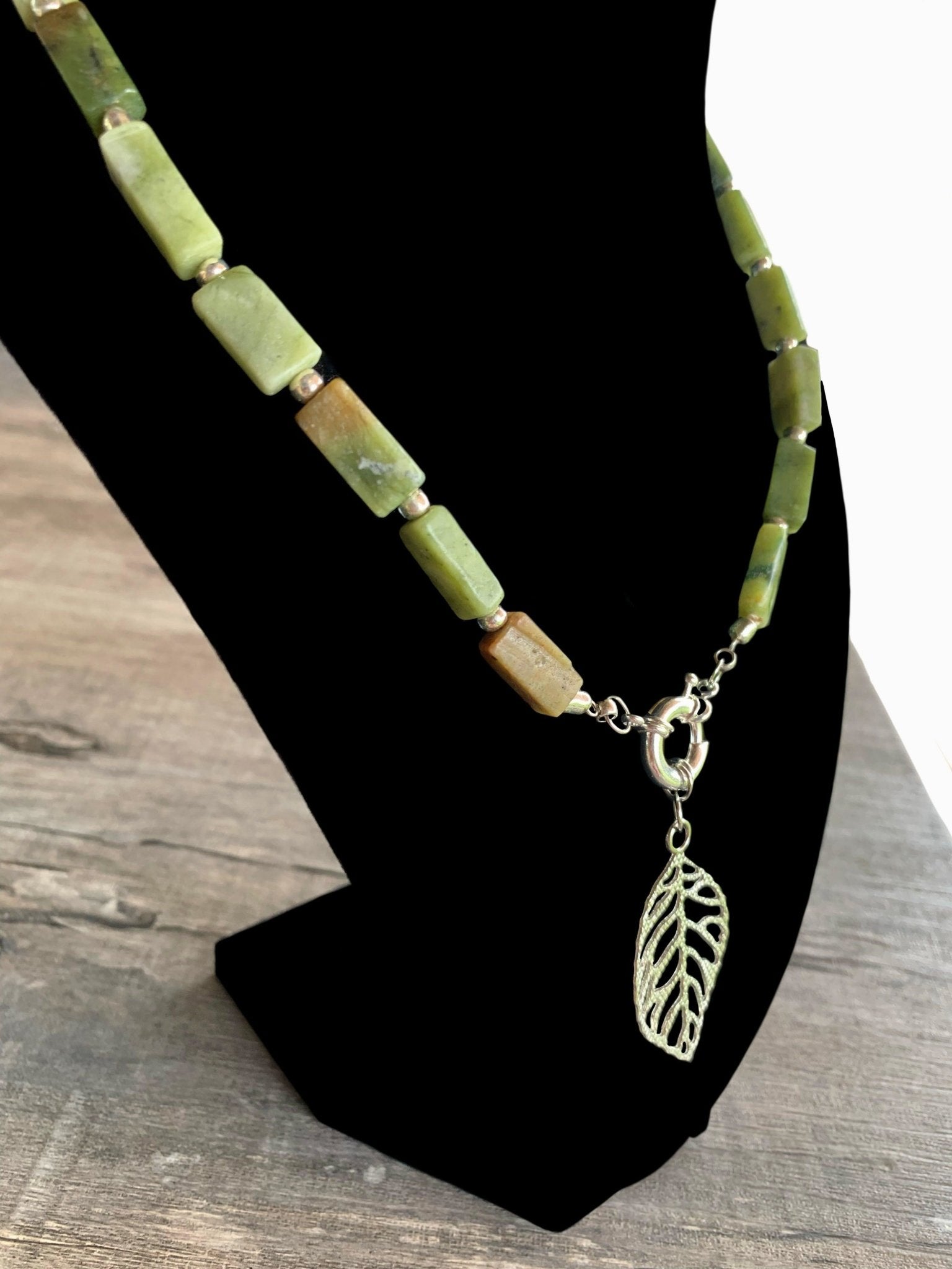 Harmony Hand Made New Jade (Serpentine) Necklace with Silver Plated Leaf Pendant - Born Mystics