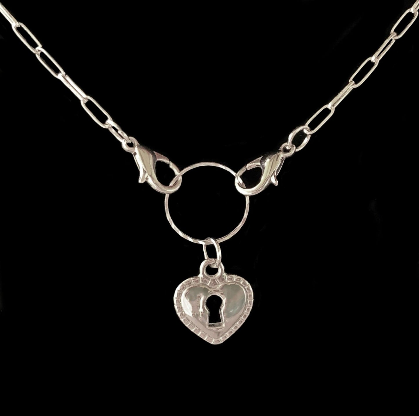 Heart Lock Pendant On A 19" Rhodium Mini Paperclip Chain - Born Mystics