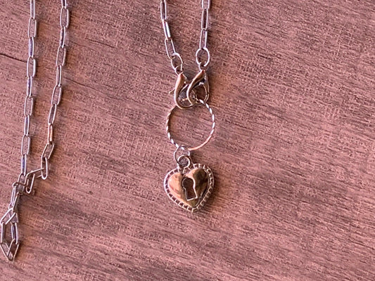 Heart Lock Pendant On A 19" Rhodium Mini Paperclip Chain - Born Mystics
