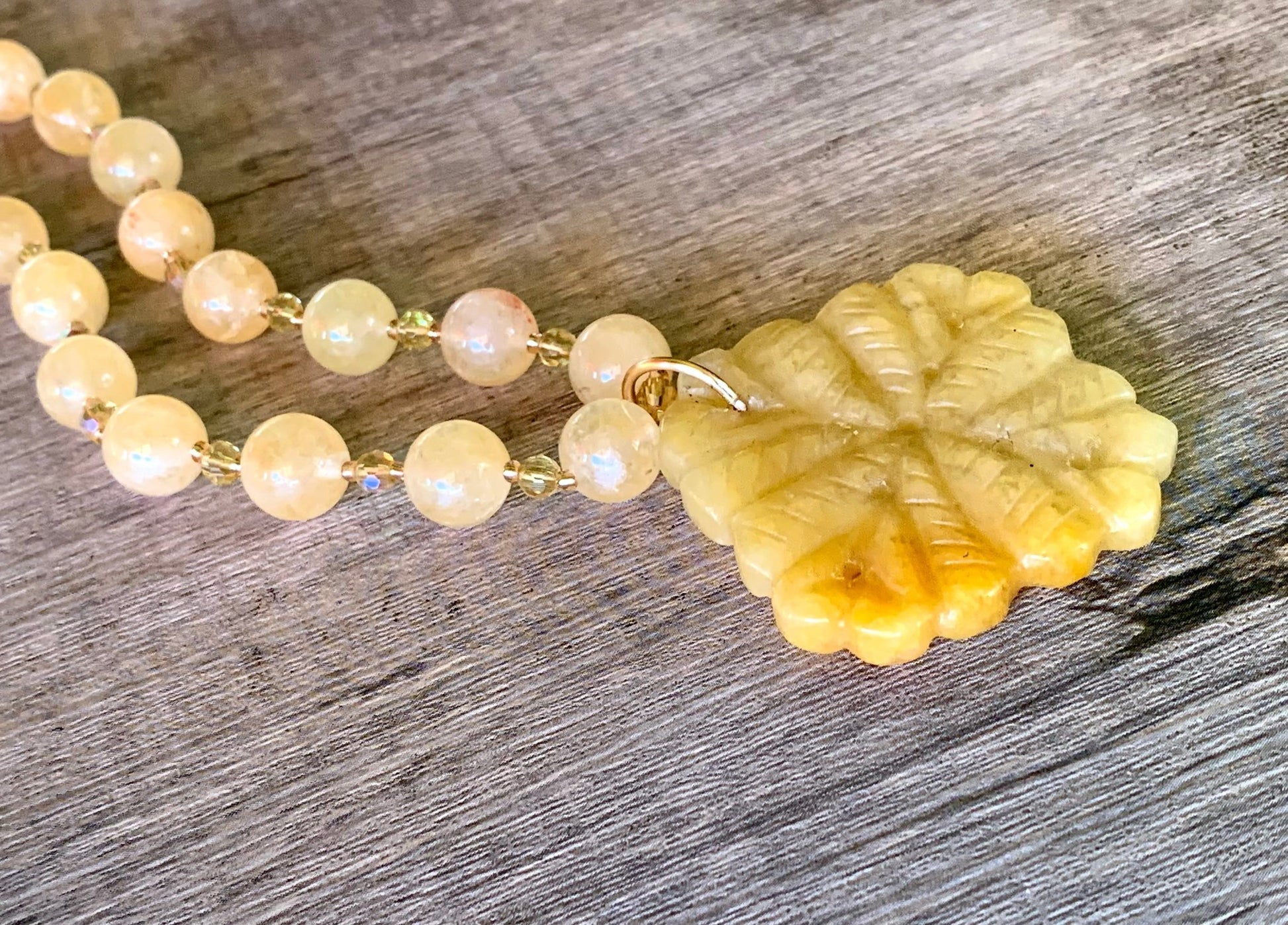 Helia Handmade 26" Citrine and Swarovski Crystal Beaded Necklace with Unique Carved Citrine Pendant - Born Mystics
