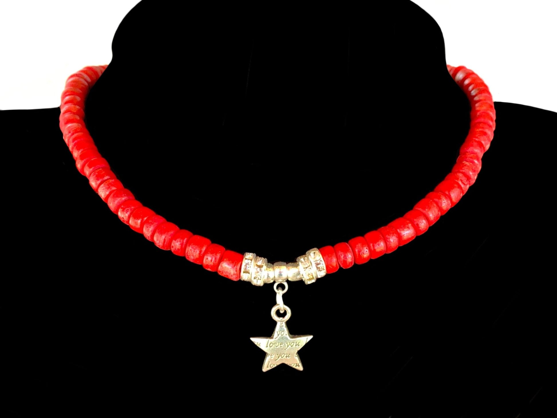 Holly Handmade Red Wood Beaded 22" Necklace with "I Love You" Star Pendant - Born Mystics