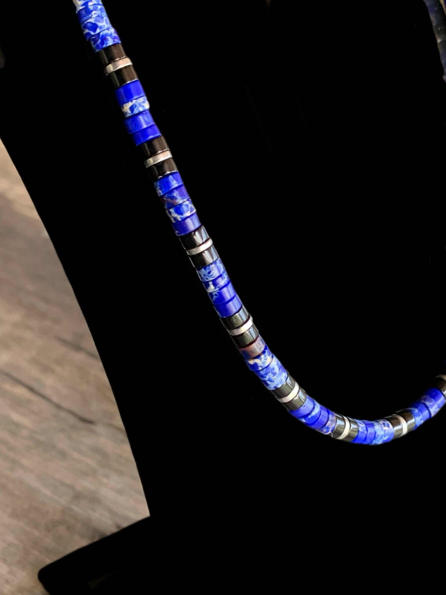 Jake Handmade Blue Imperial Jasper and Black Quartz 21" Necklace - Born Mystics