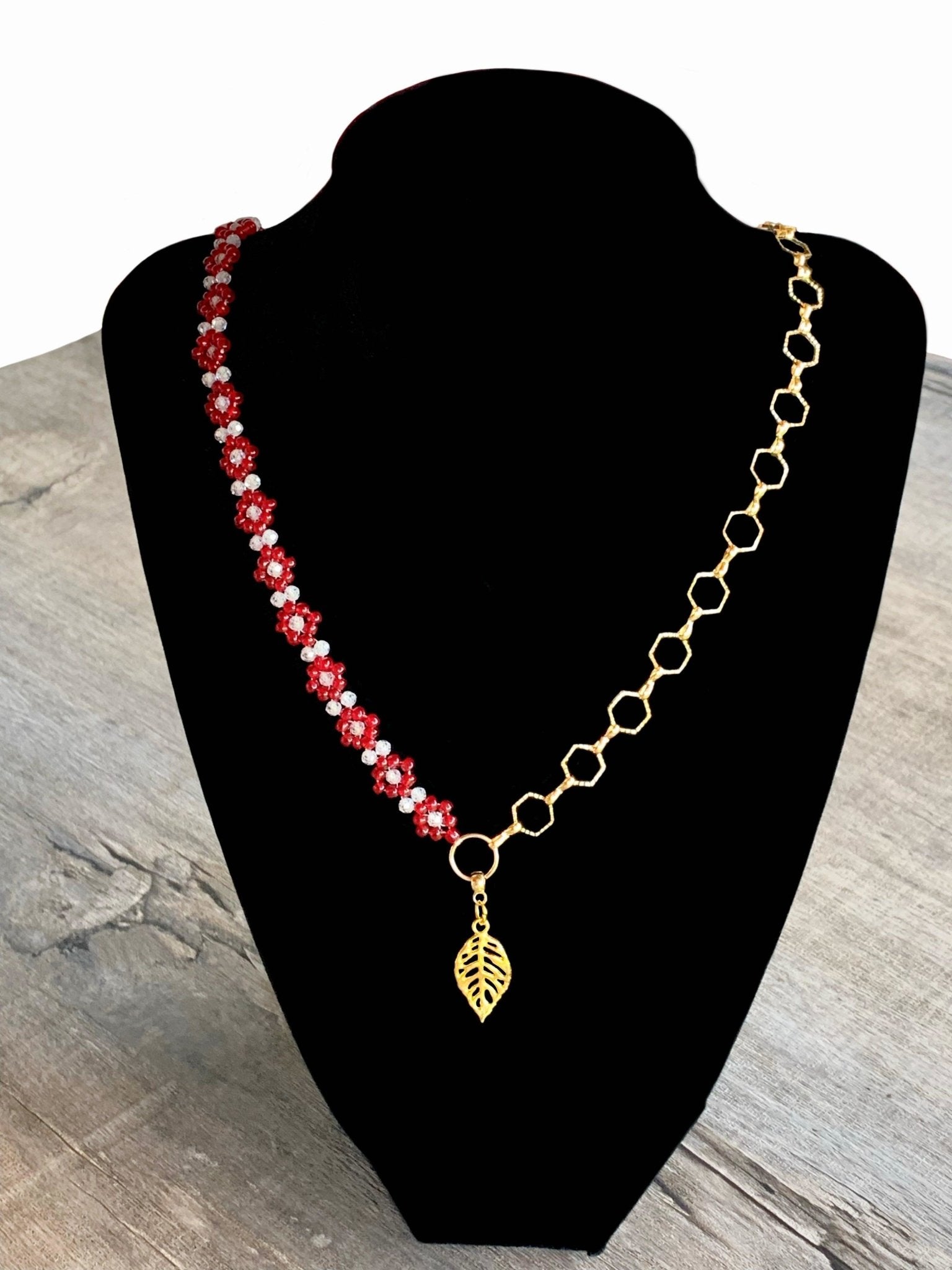 Jenna Handmade Zircon, Seed Bead Flower, And Hexagon Chain 22" Necklace With Leaf Pendant - Born Mystics