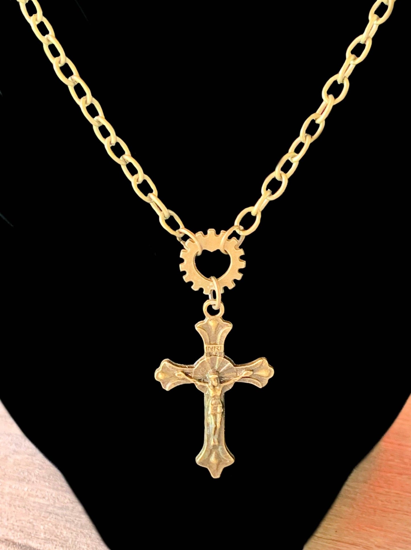 Jesus On The Cross Pendant on a 31" Antique Brass/ Gold Color Necklace - Born Mystics