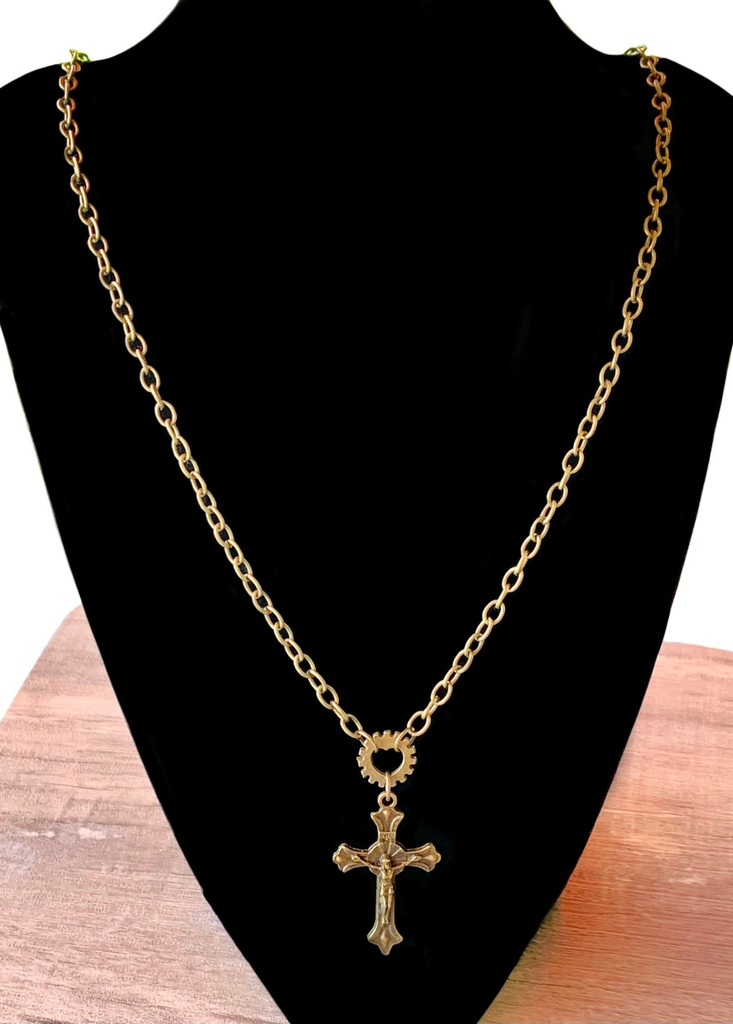 Jesus On The Cross Pendant on a 31" Antique Brass/ Gold Color Necklace - Born Mystics