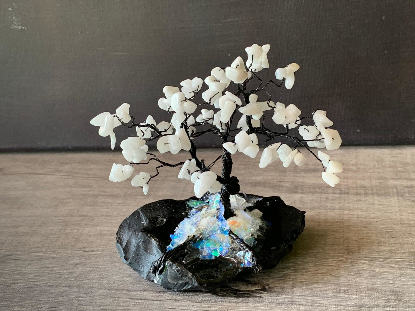 Joy- Handmade White Jade Mini Gemstone Tree Mounted on Raw Obsidian - Born Mystics