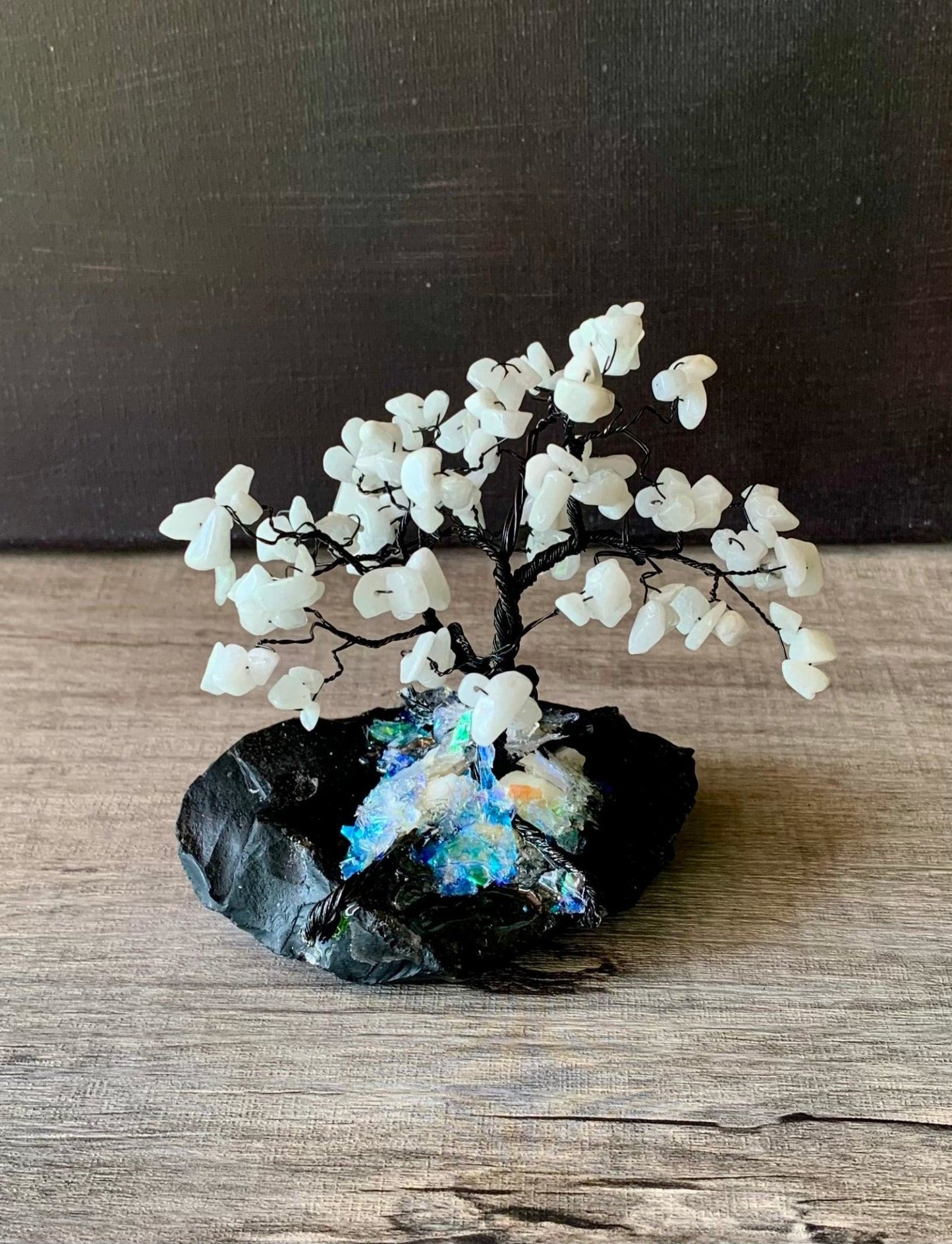 Joy- Handmade White Jade Mini Gemstone Tree Mounted on Raw Obsidian - Born Mystics