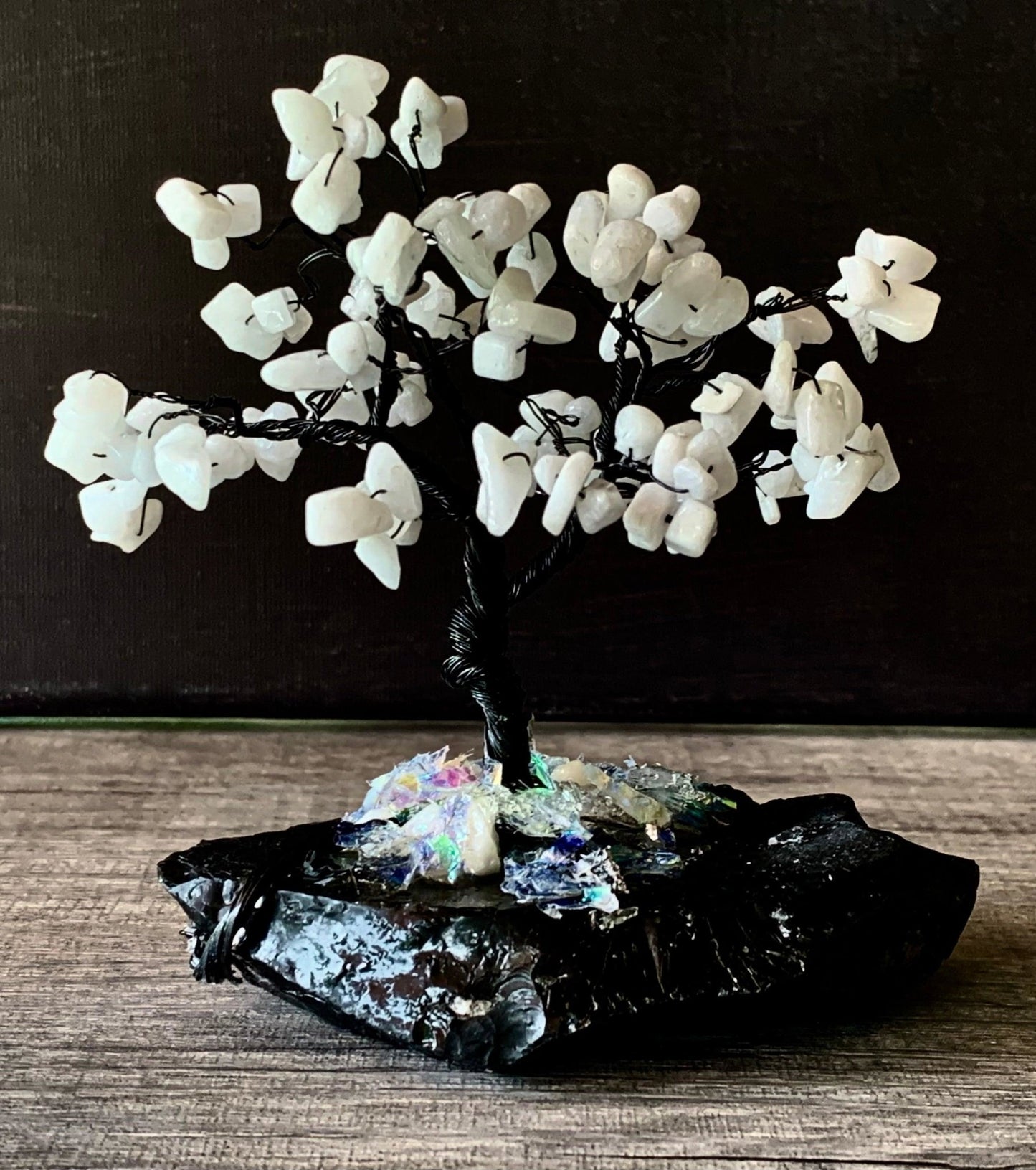 Joy- Handmade White Jade Mini Gemstone Tree Mounted on Raw Obsidian - One of a Kind