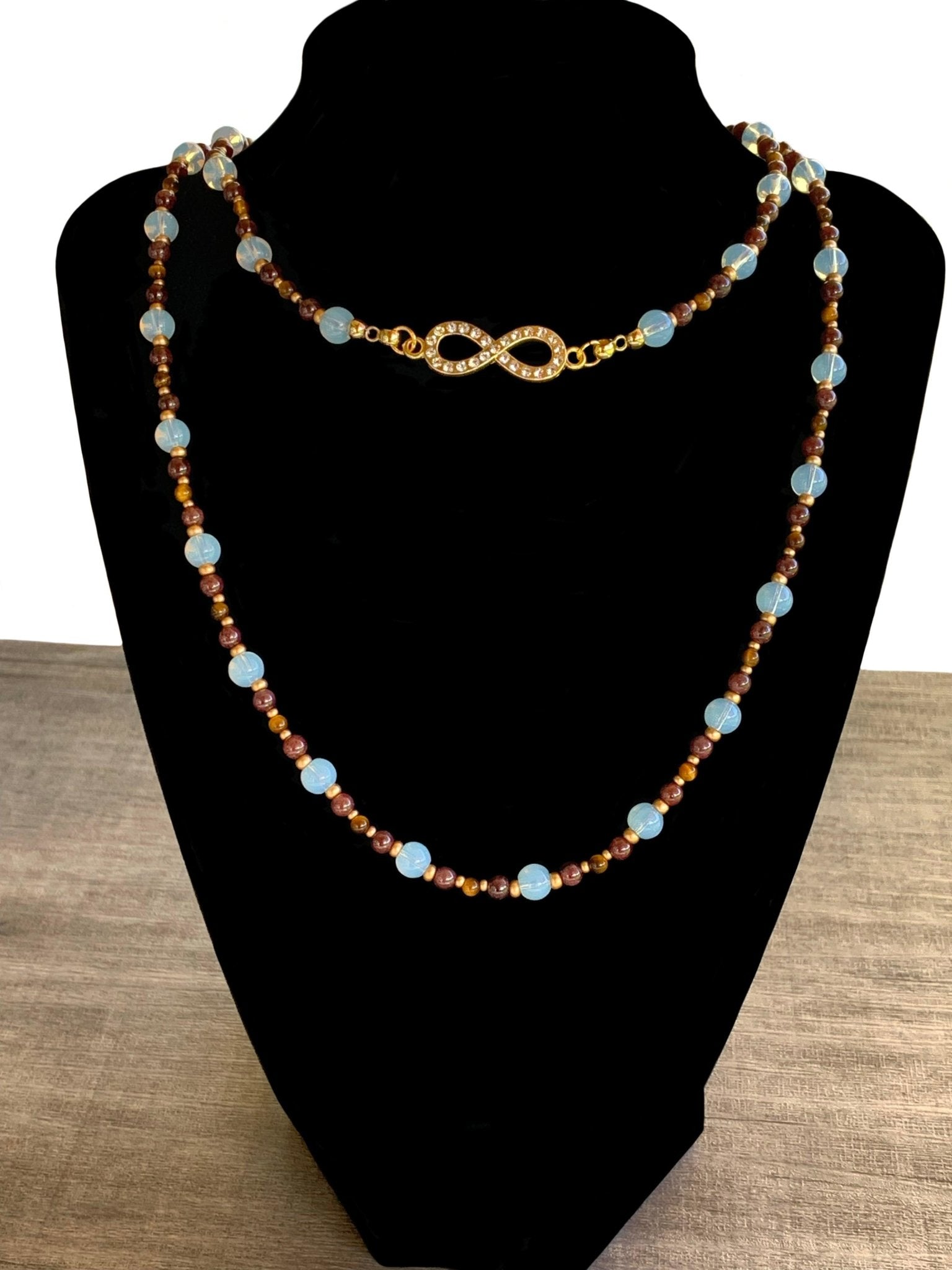 Lourdes Handmade Opal, Garnet, and Tigers Eye Mixed Gemstone 36" Beaded Necklace With An Infinity Pendant - Born Mystics