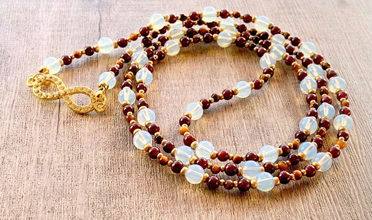 Lourdes Handmade Opal, Garnet, and Tigers Eye Mixed Gemstone 36" Beaded Necklace With An Infinity Pendant - Born Mystics