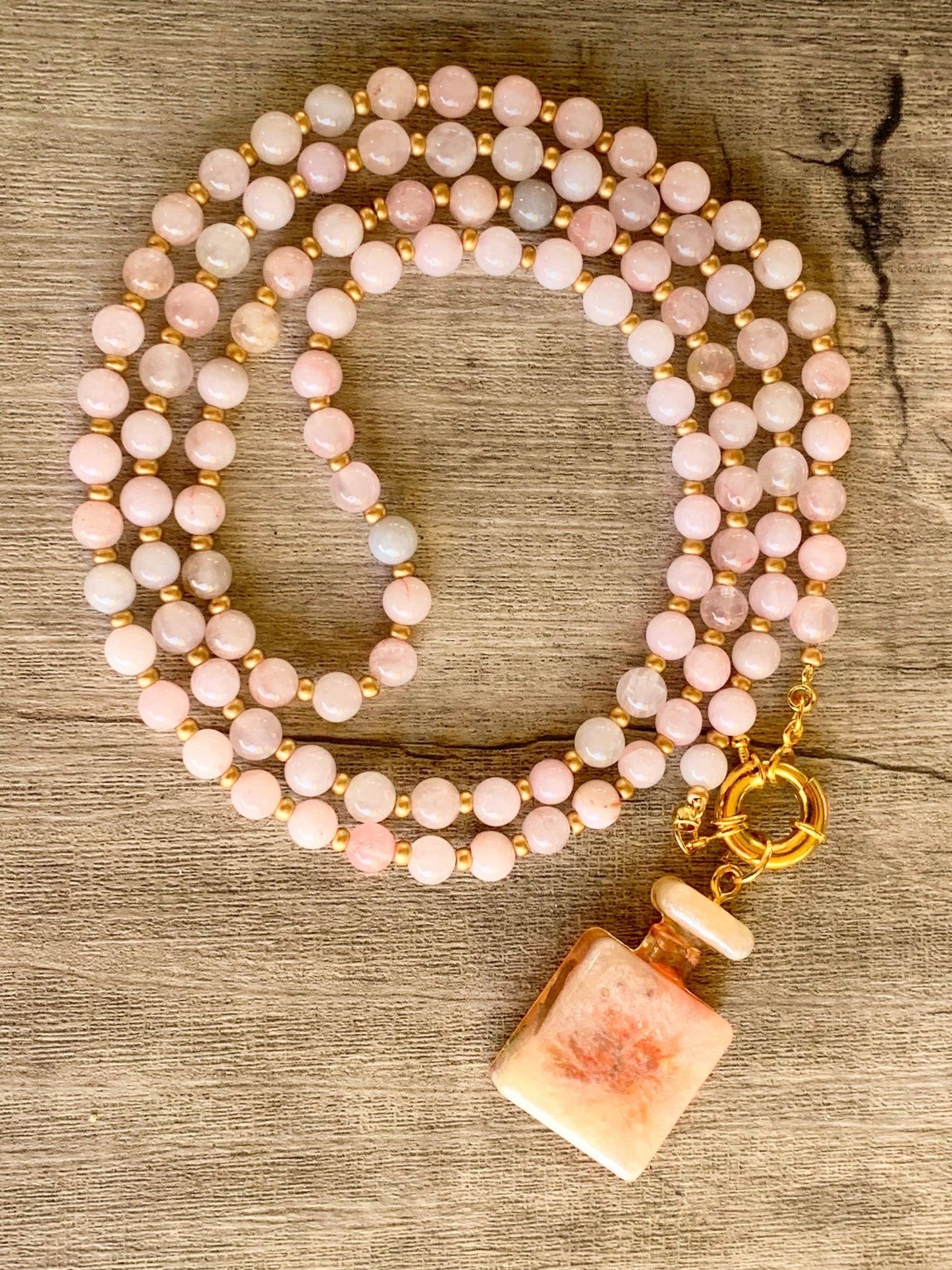 Love Potion Handmade Rose Quartz Beaded 36" Necklace With A Resin Perfume Bottle Pendant - Born Mystics