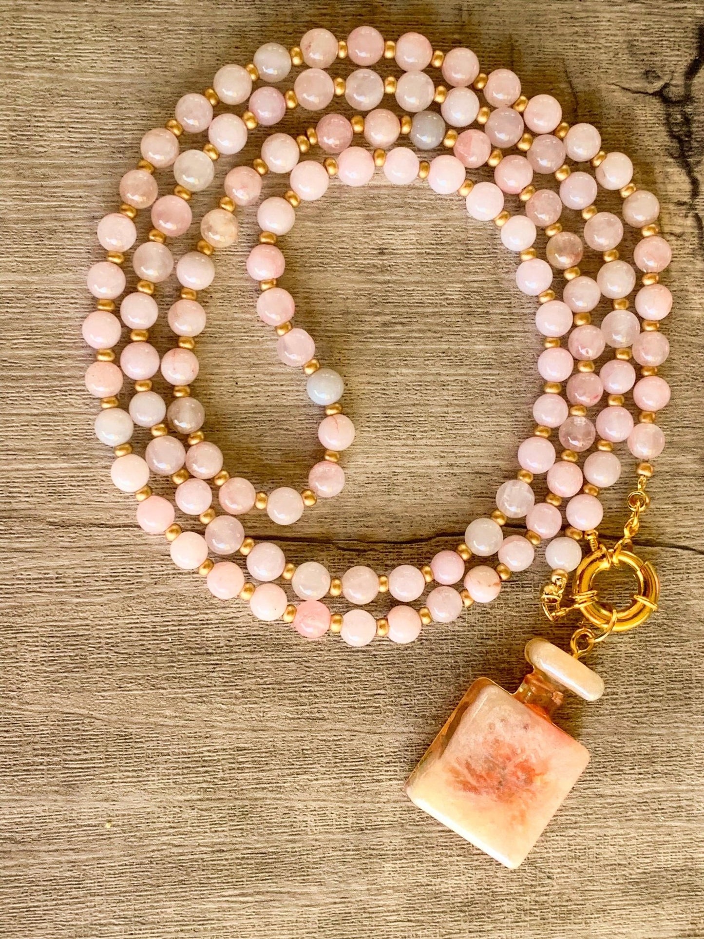Love Potion Handmade Rose Quartz Beaded 36" Necklace With A Resin Perfume Bottle Pendant - Born Mystics