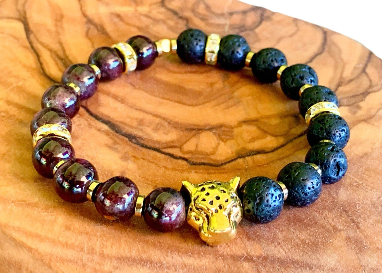 Malcolm Handmade Garnet, Lava Stone, and Hematite Leopard Expandable Bracelet - Born Mystics