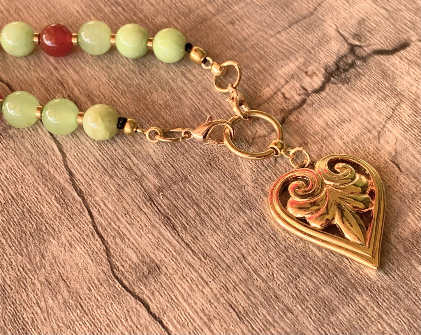 Martha Handmade Light Green Jade, Carnelian, and Gold Plated Hematite Necklace with a Heart Pendant - Born Mystics