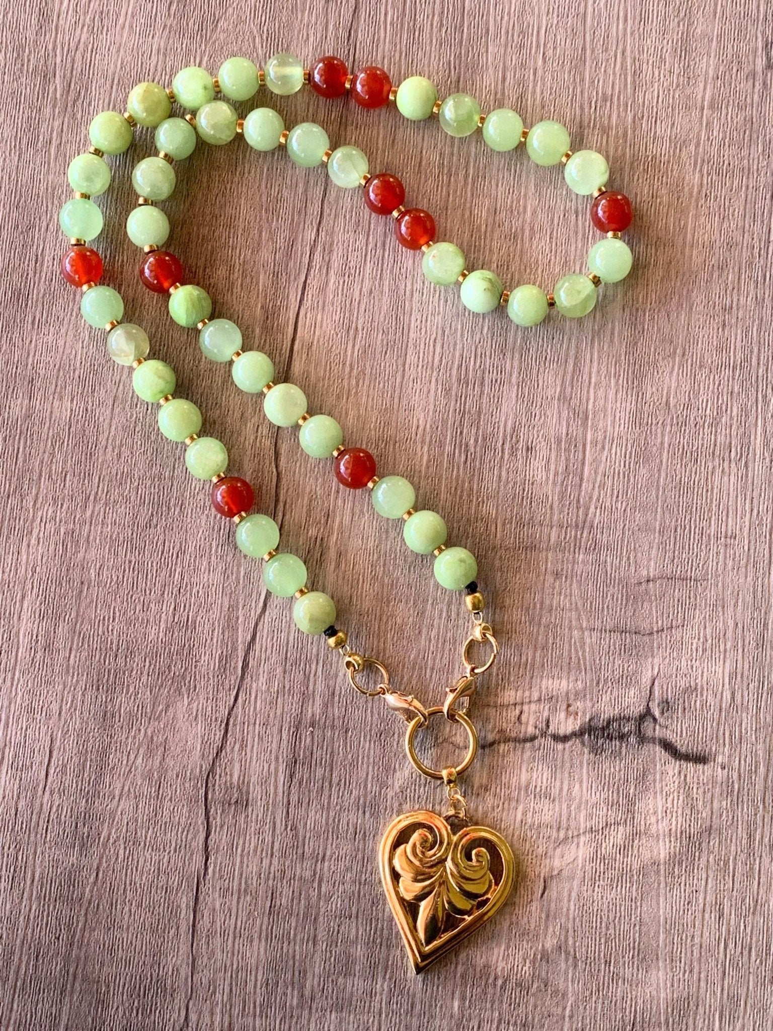 Martha Handmade Light Green Jade, Carnelian, and Gold Plated Hematite Necklace with a Heart Pendant - Born Mystics