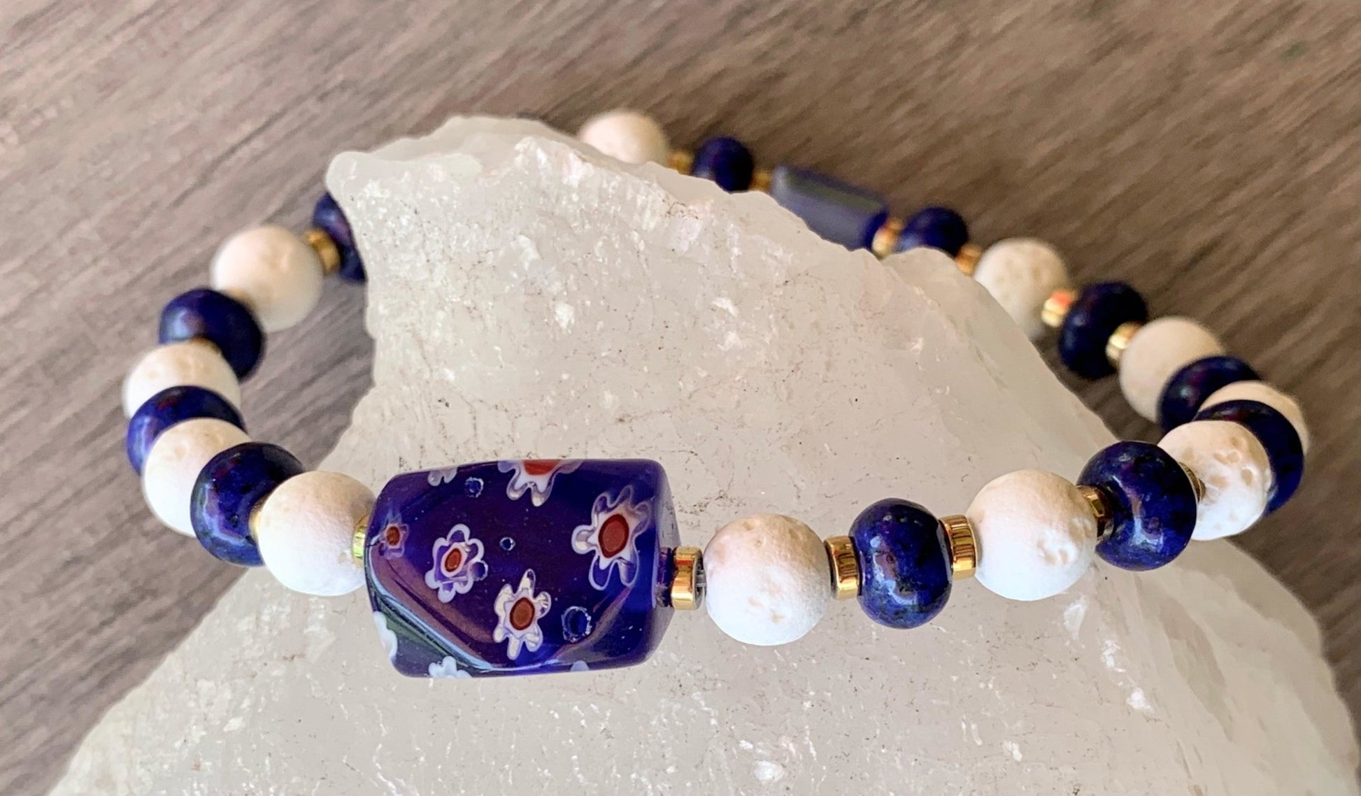 Nisha Handmade Lapis Lazuli, White Lava Stone, Gold Plated Hematite, Austrian Crystal, and Millefiori Bracelet - Born Mystics