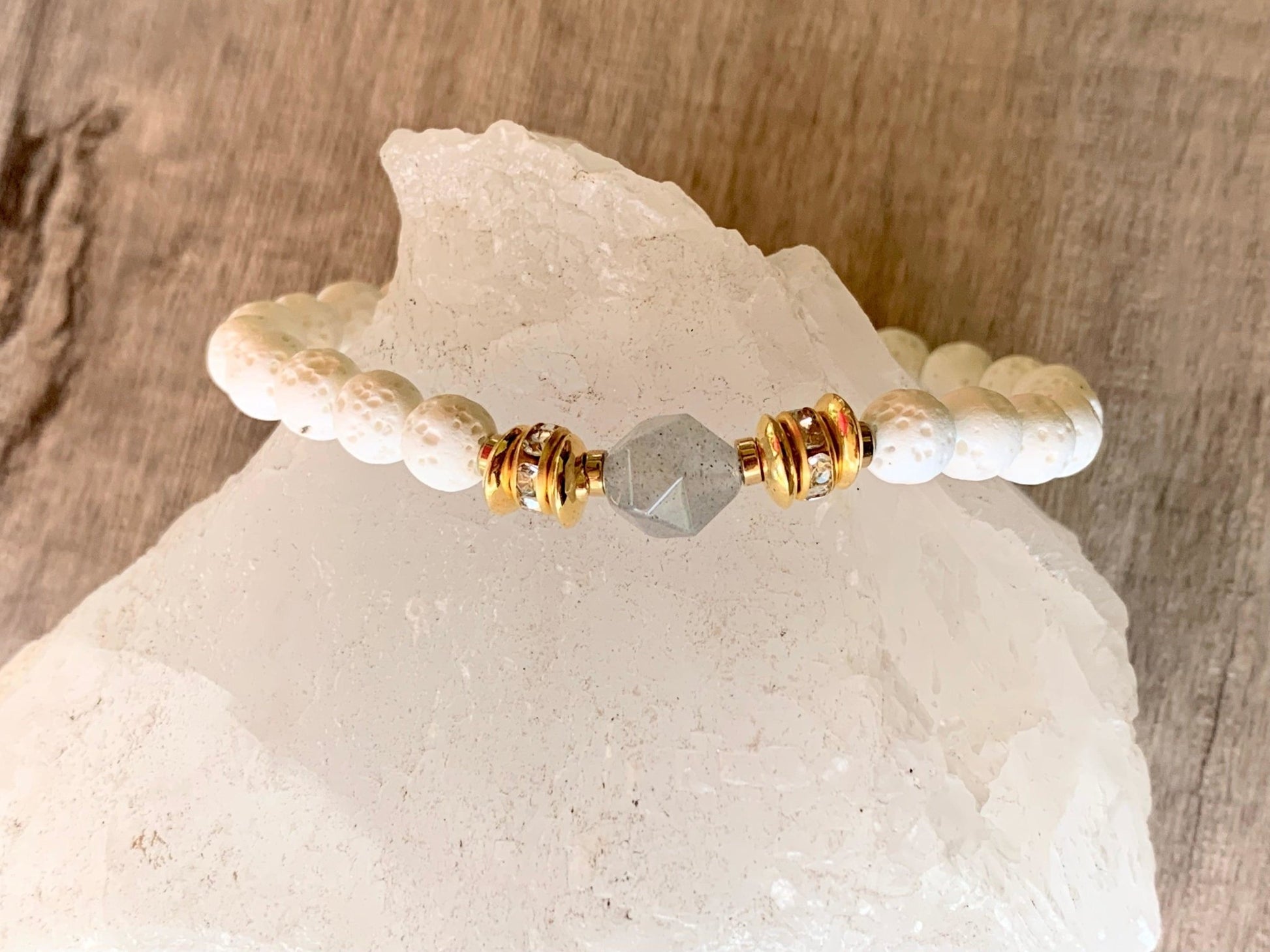 Paula Handmade Labradorite, Rose Quartz, Gold Plated Hematite, and White Lava Stone Expandable Bracelet - Born Mystics
