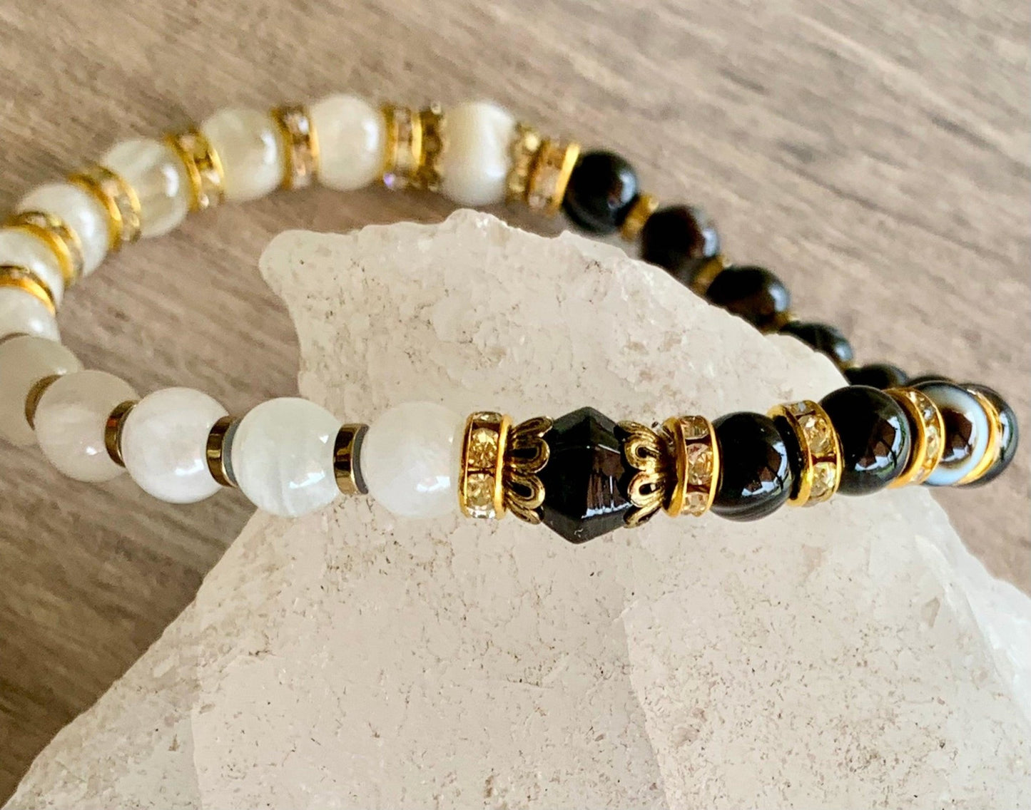 Portia Handmade Moonstone, Striped Black Agate, and Gold Plated Hematite Expandable Bracelet/ Anklet - Born Mystics