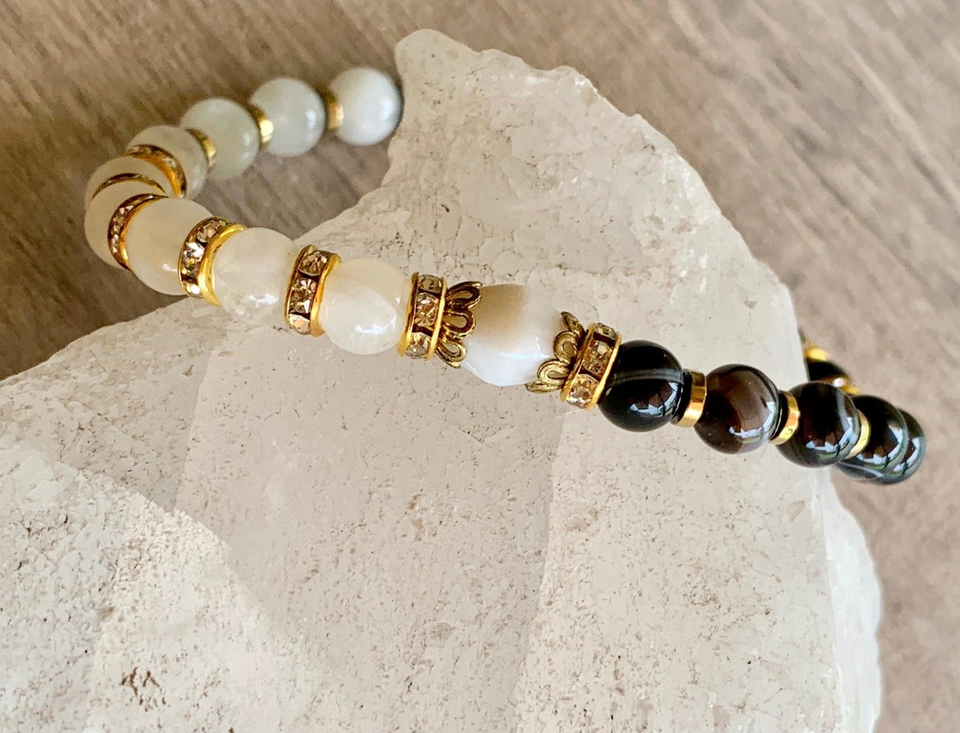 Portia Handmade Moonstone, Striped Black Agate, and Gold Plated Hematite Expandable Bracelet/ Anklet - Born Mystics