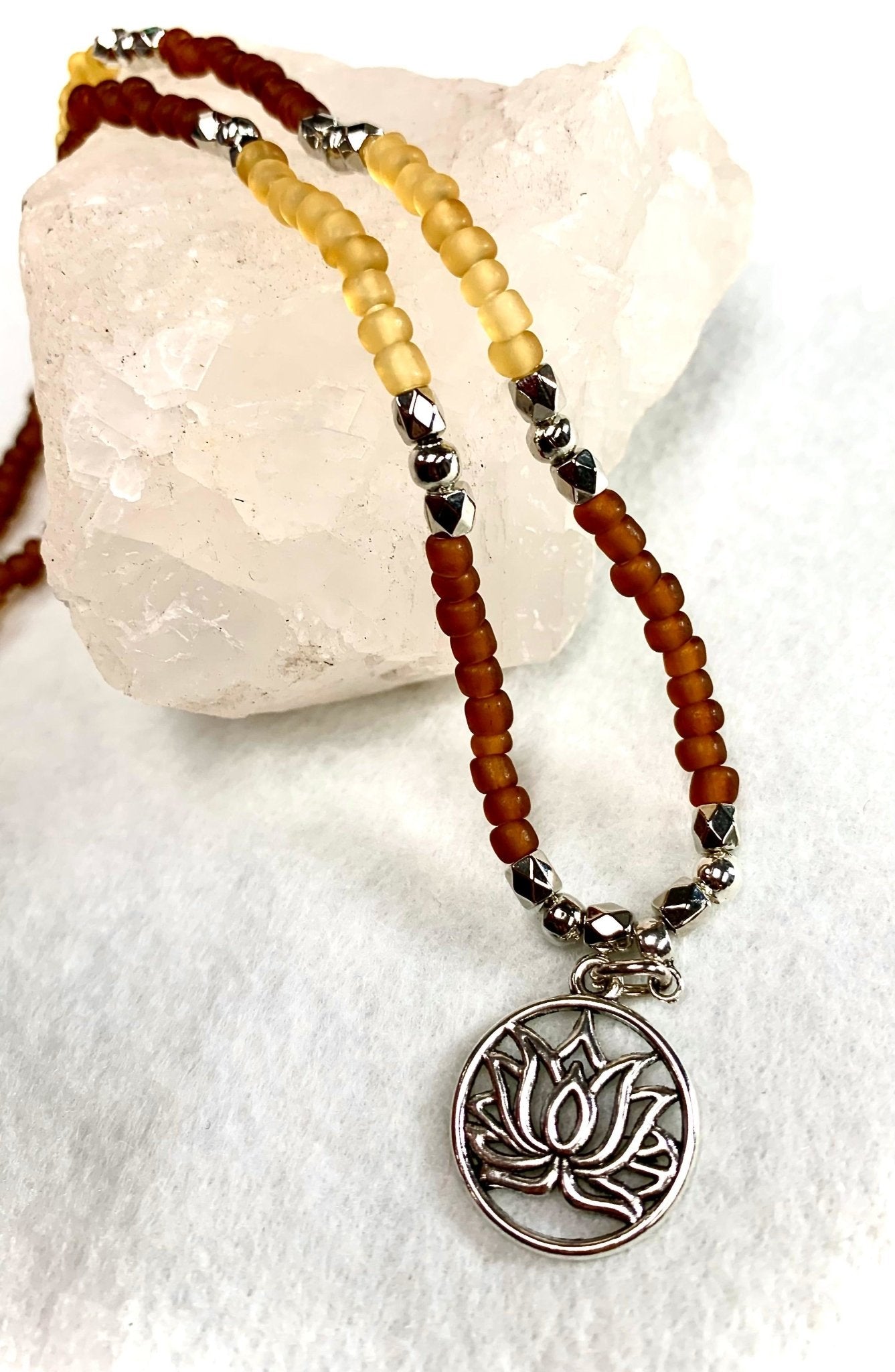 🔴SOLD🔴 Autumn Handmade Mermaid Glass Beaded Necklace with Lotus Flower Charm - Born Mystics