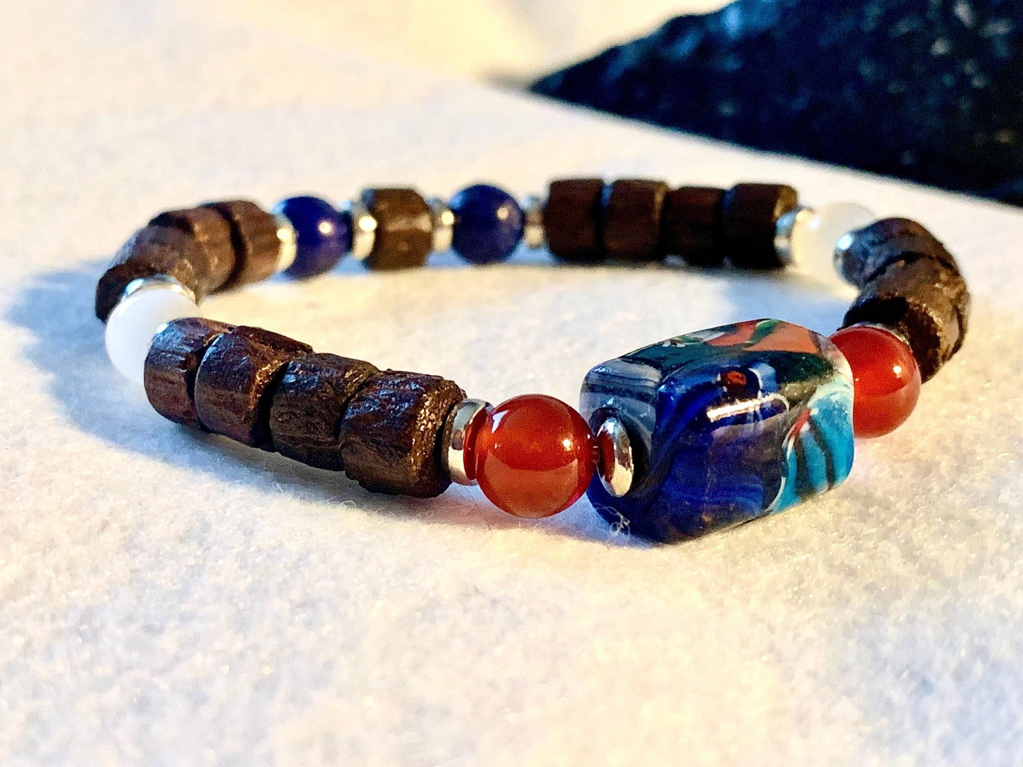 🔴SOLD🔴 Carver Handmade Wood, Carnelian, Cats Eye, Lapis Lazuli Expandable Bracelet - Born Mystics