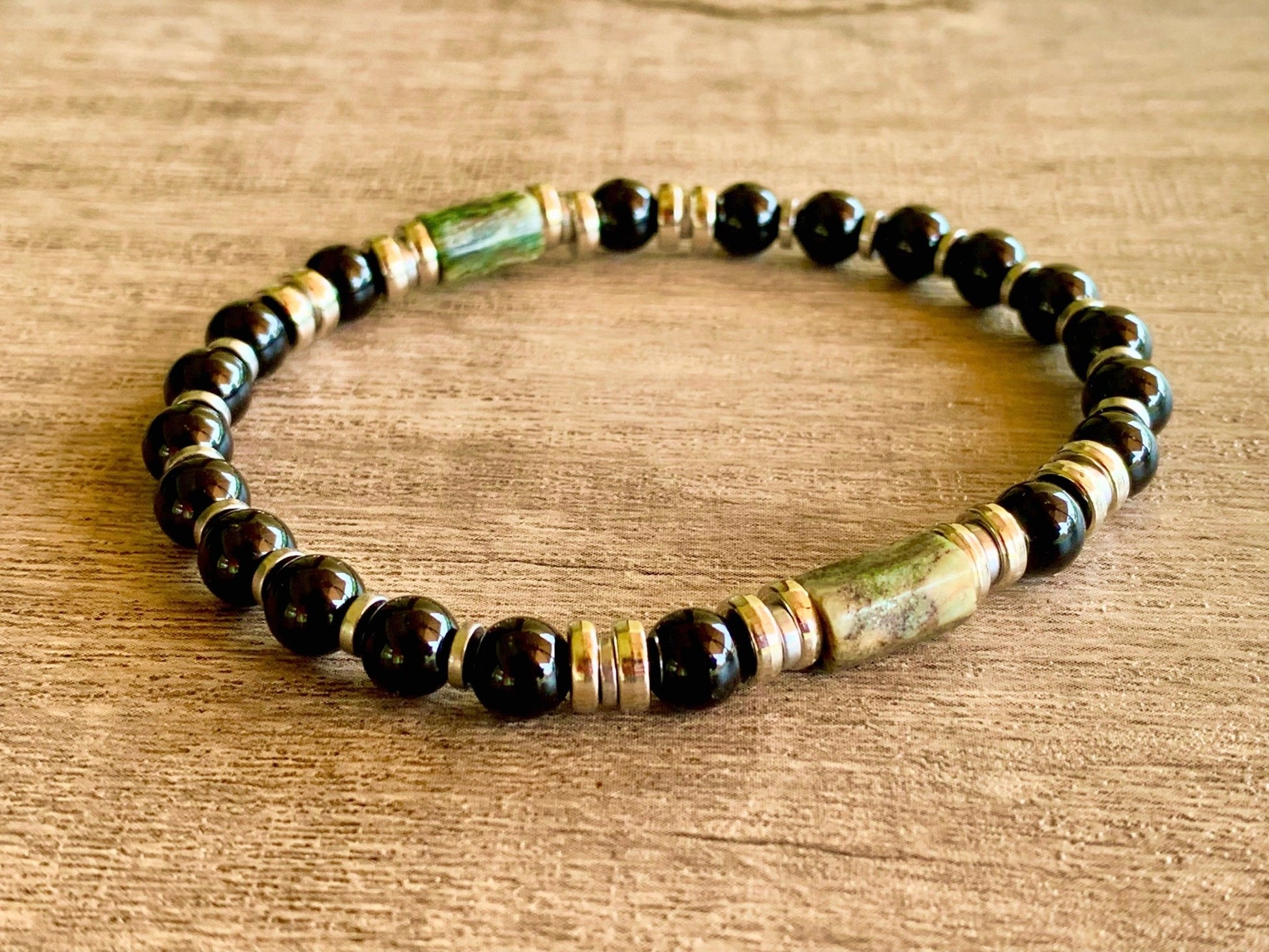 🔴SOLD🔴 Cole Handmade Raw Emerald, Black Tourmaline, and Silver or Gold Plated Hematite Expandable Bracelet - Born Mystics