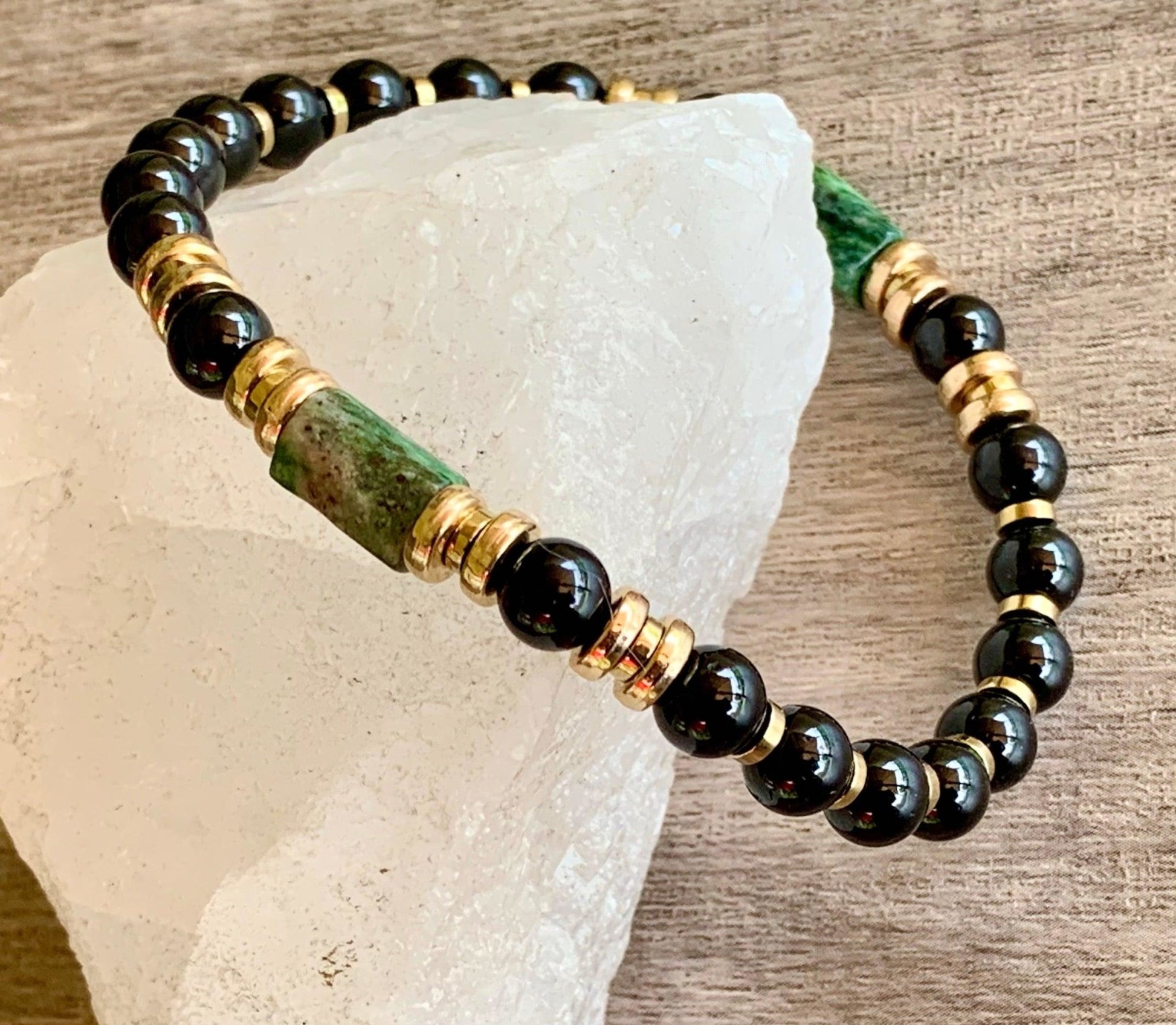 🔴SOLD🔴 Cole Handmade Raw Emerald, Black Tourmaline, and Silver or Gold Plated Hematite Expandable Bracelet - Born Mystics